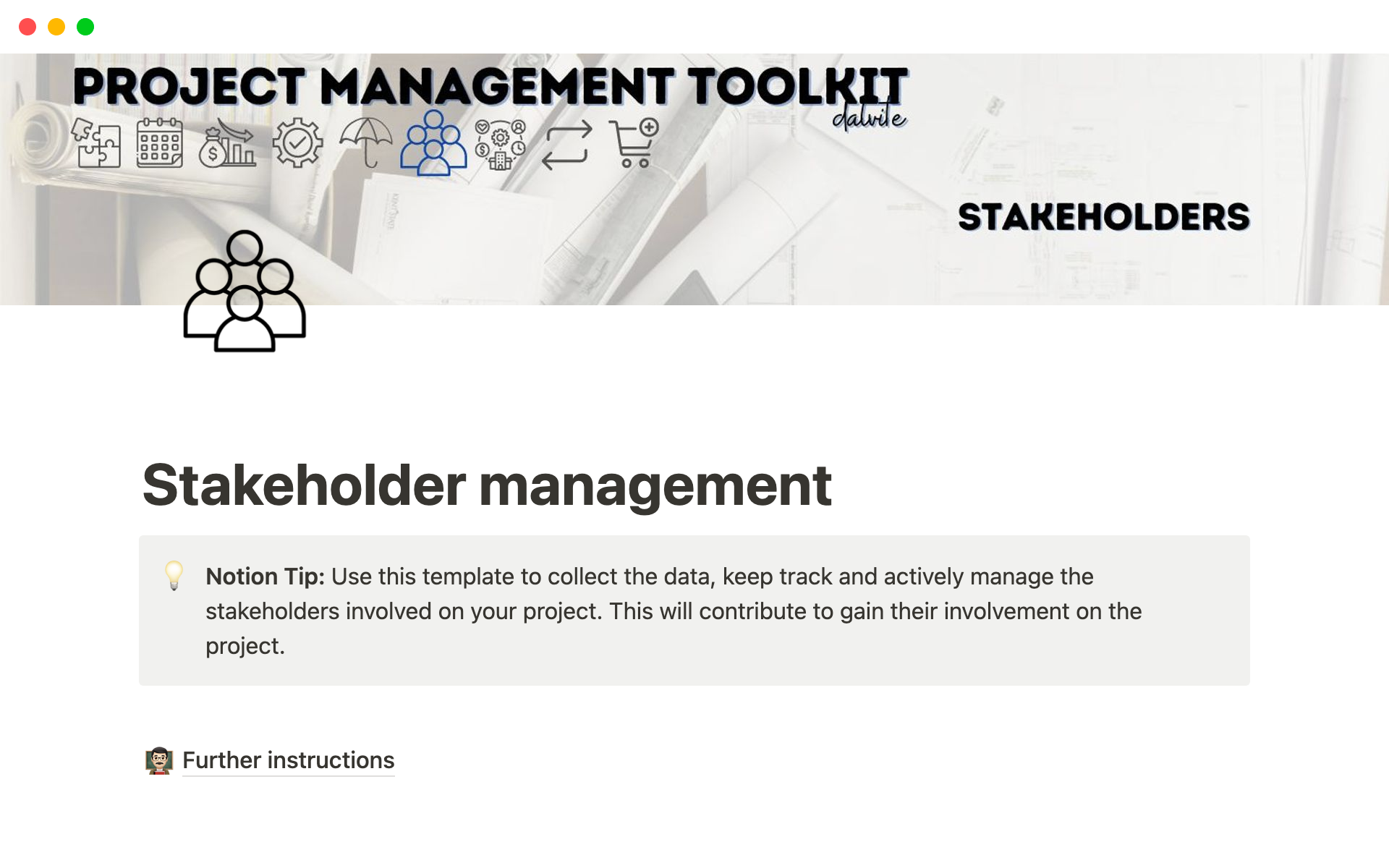 Vista previa de una plantilla para Project Stakeholder management