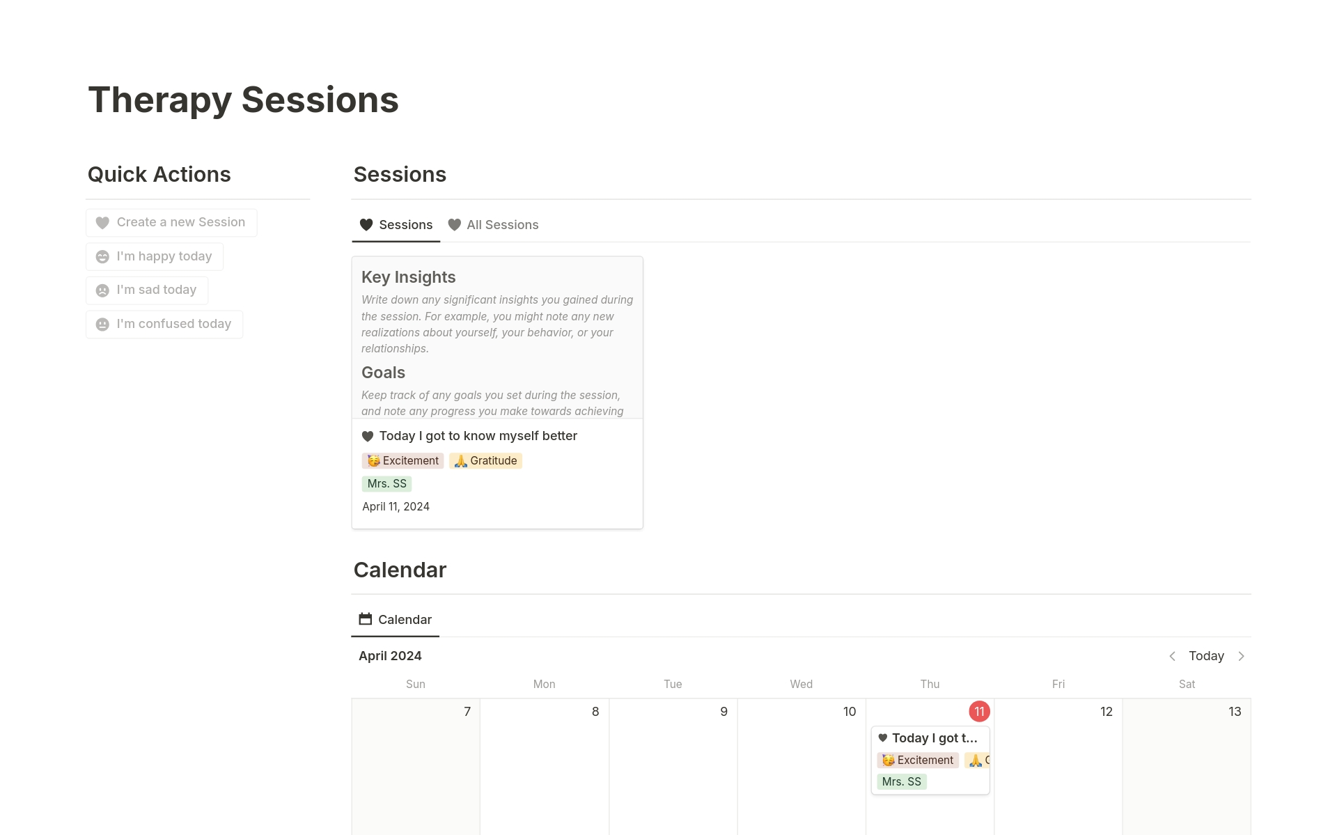 With Therapy Sessions Notion template, you can manage your therapy practice, schedule appointments, document insights, and track your emotional well-being.