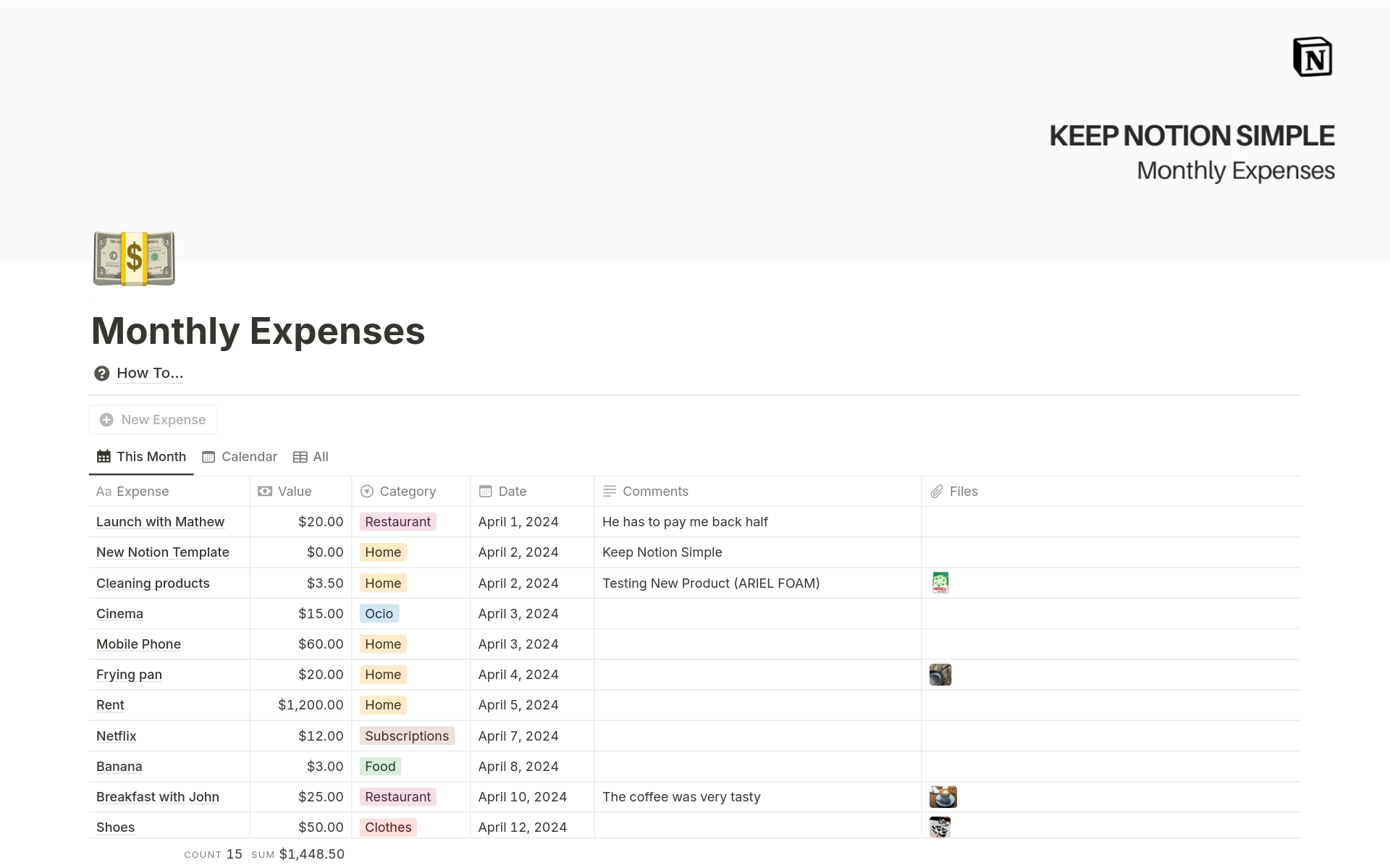 Take control of your finances with this Notion expense tracker! Easily log expenses, view spending by month, and get a comprehensive overview to improve your financial well-being. Quick-add button, categorization, and attachment options!