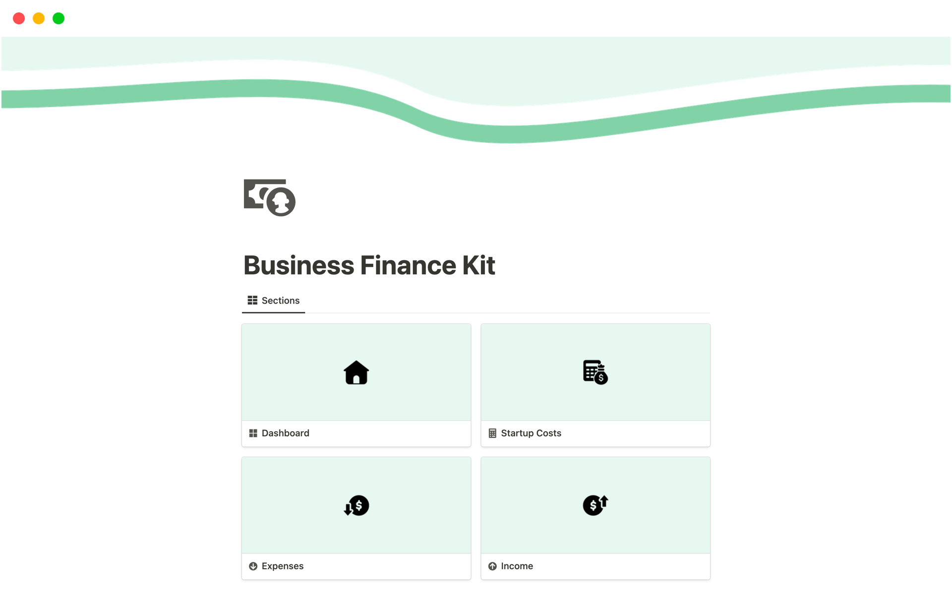 Uma prévia do modelo para Business Finance Kit