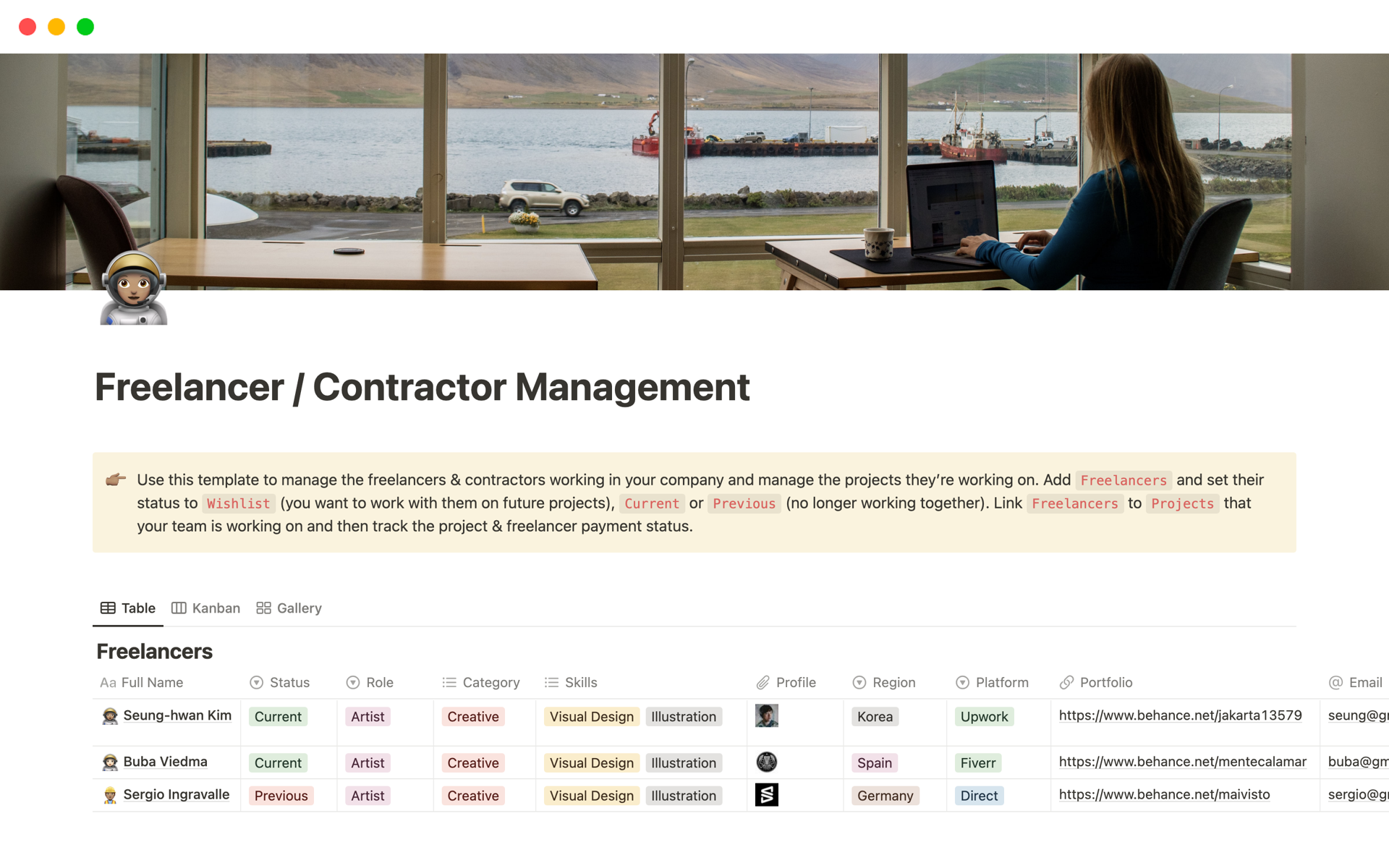 A template preview for Freelancer / Contractor Management