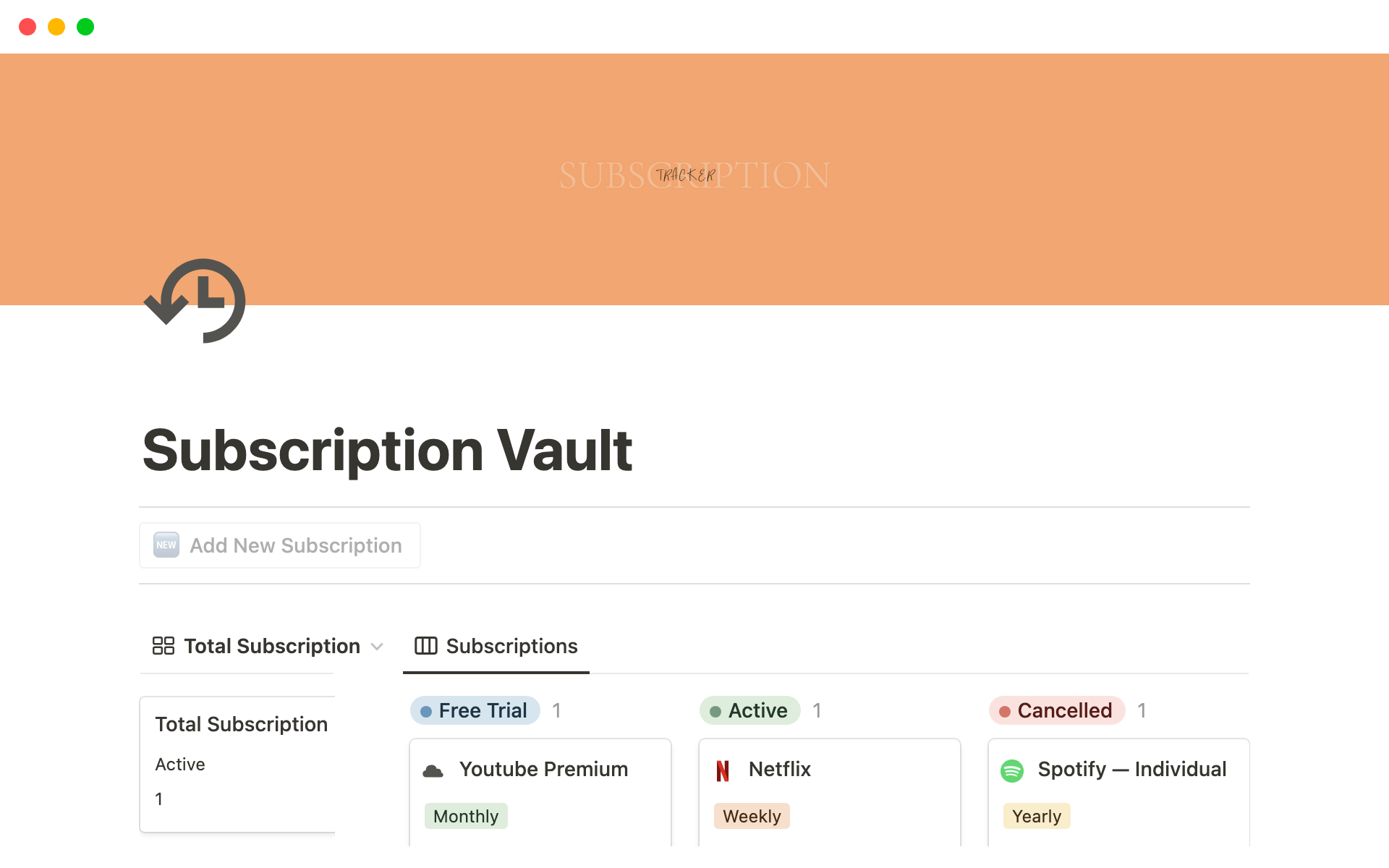 A template preview for Subscription Vault : Notion Subscription Tracker