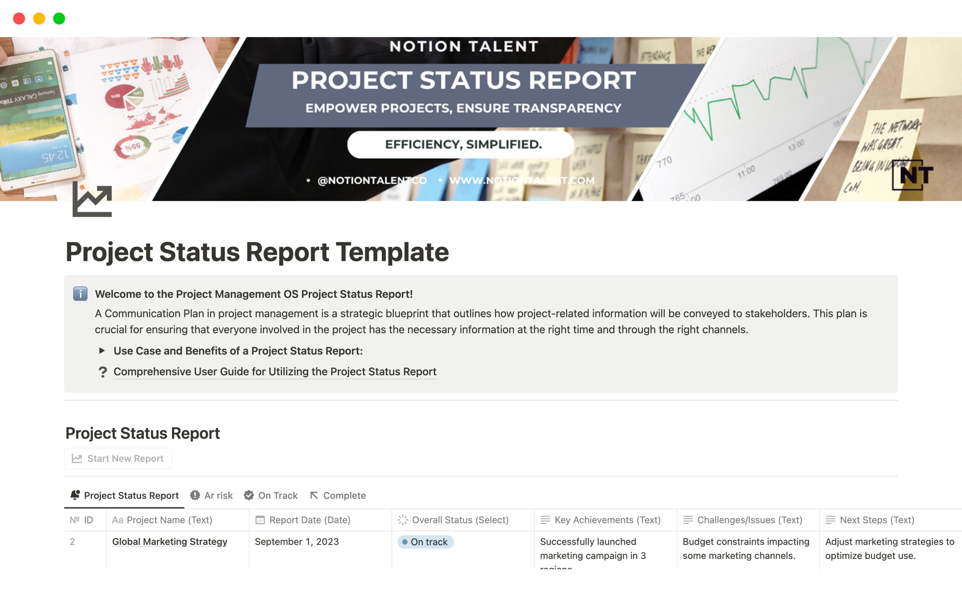 Stay on top of your project's progress with the Notion Project Status Report Template, providing a clear snapshot of ongoing activities and milestones. This template is an essential tool for maintaining transparency and accountability in project management.