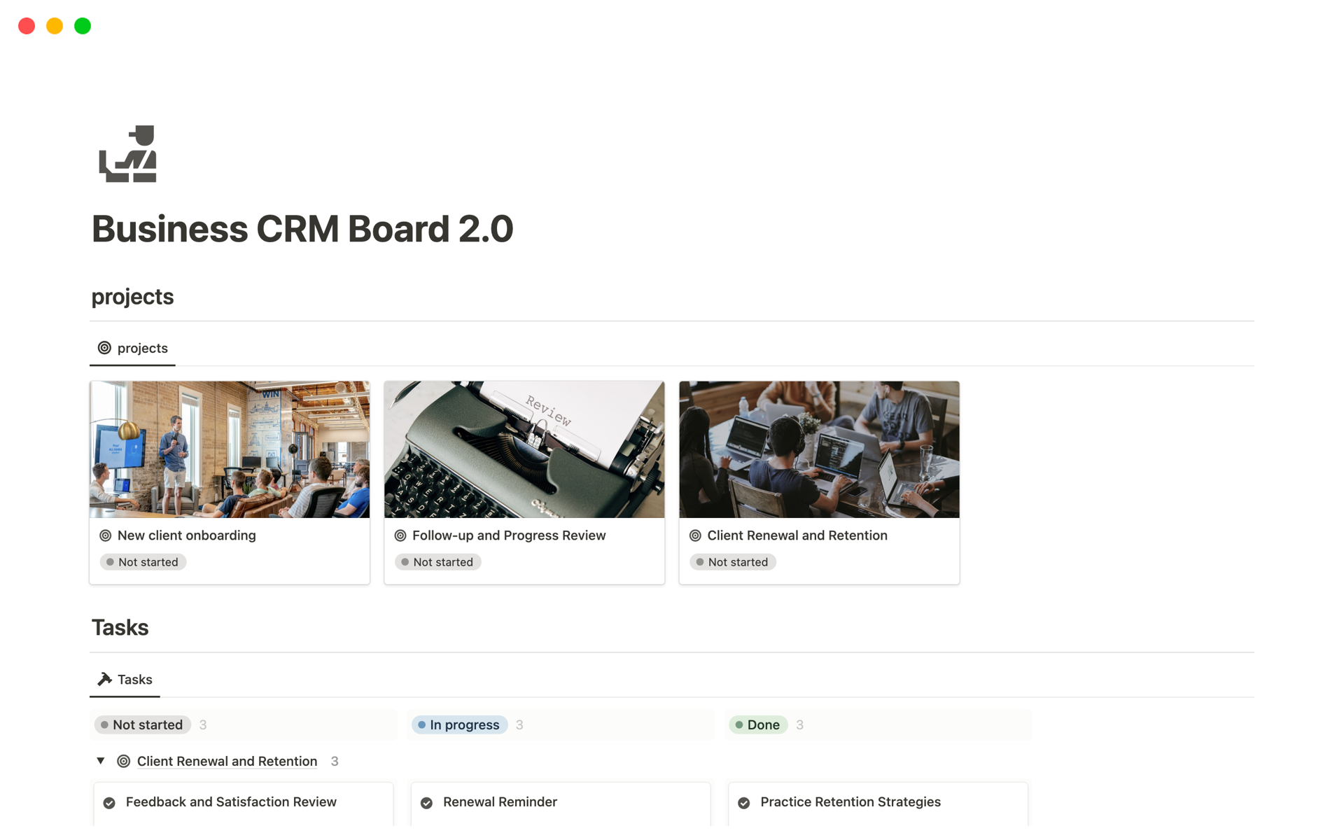 A template preview for Business CRM Board