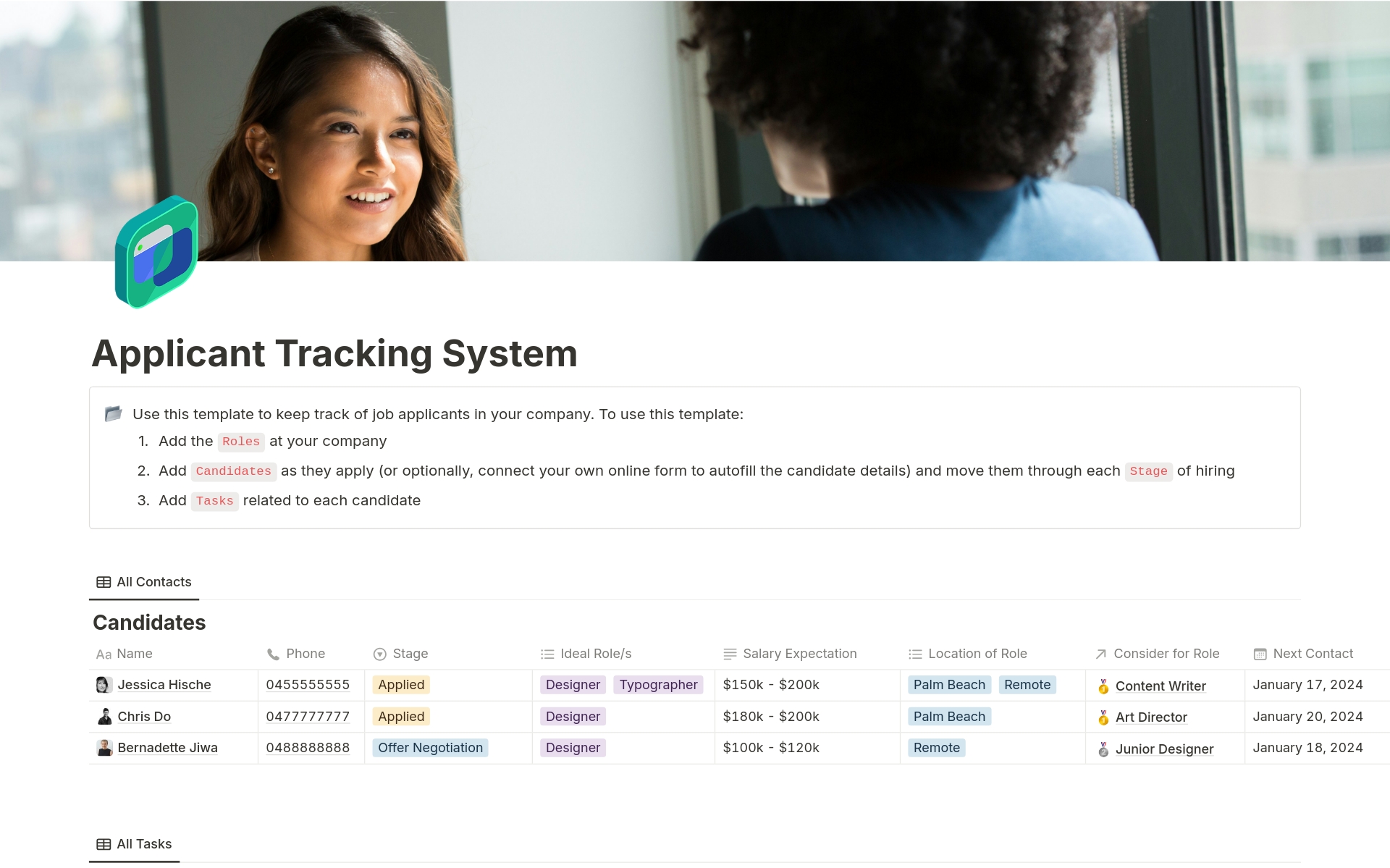Uma prévia do modelo para Applicant Tracking System (ATS)