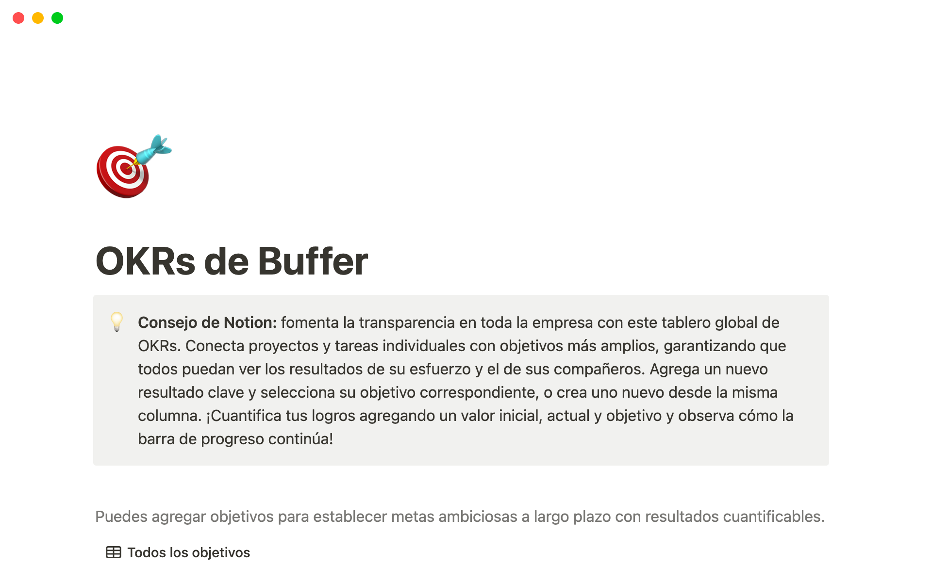 Sigue el ejemplo del espacio de trabajo de Buffer en Notion y haz que los objetivos de tu empresa sean accesibles para todos.