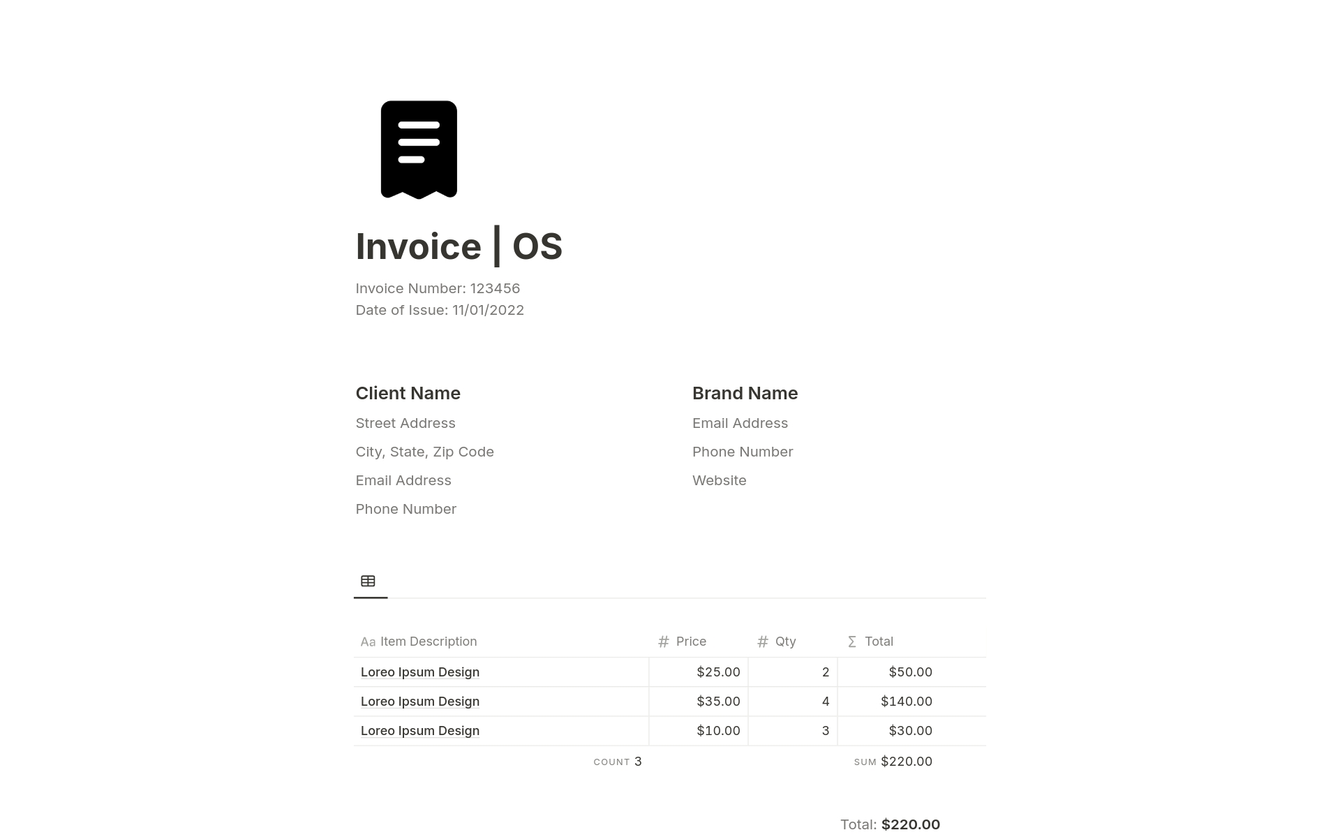 A template preview for Invoice | OS