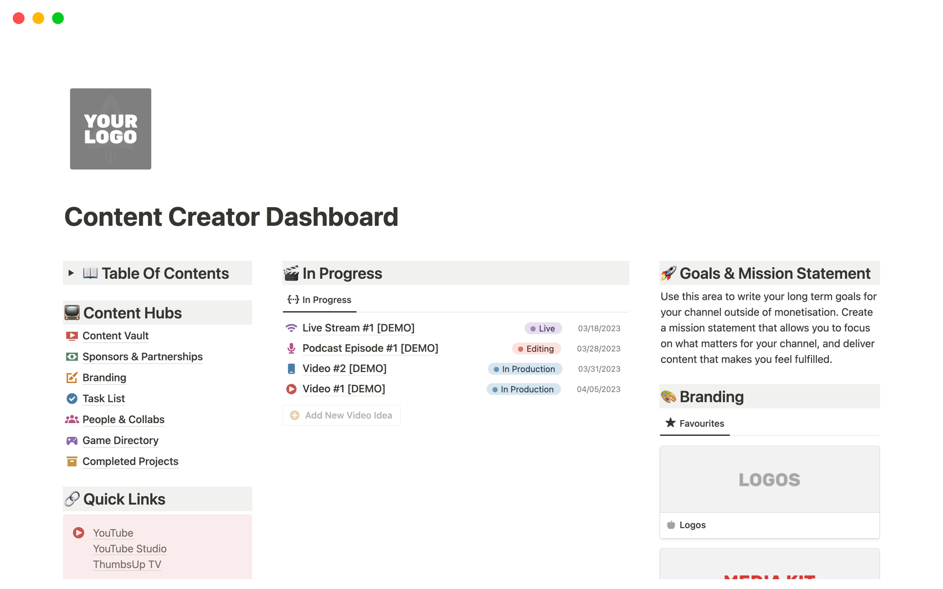 The Content Creator Dashboard by Sam Woodhall Notion Template