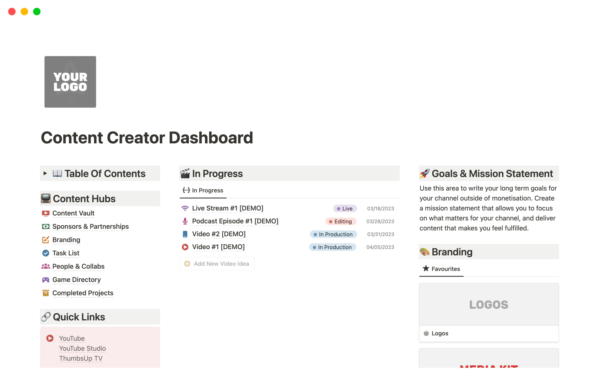 A template preview for The Content Creator Dashboard