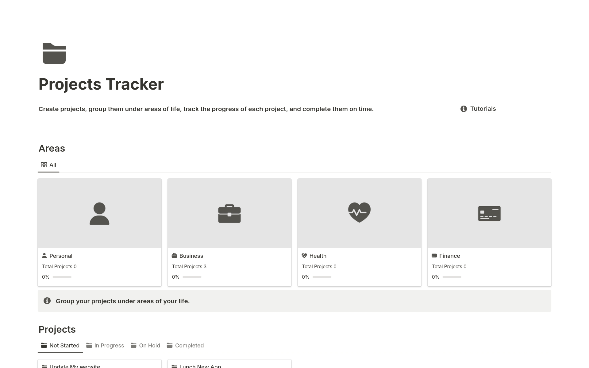 A template preview for Projects Tracker