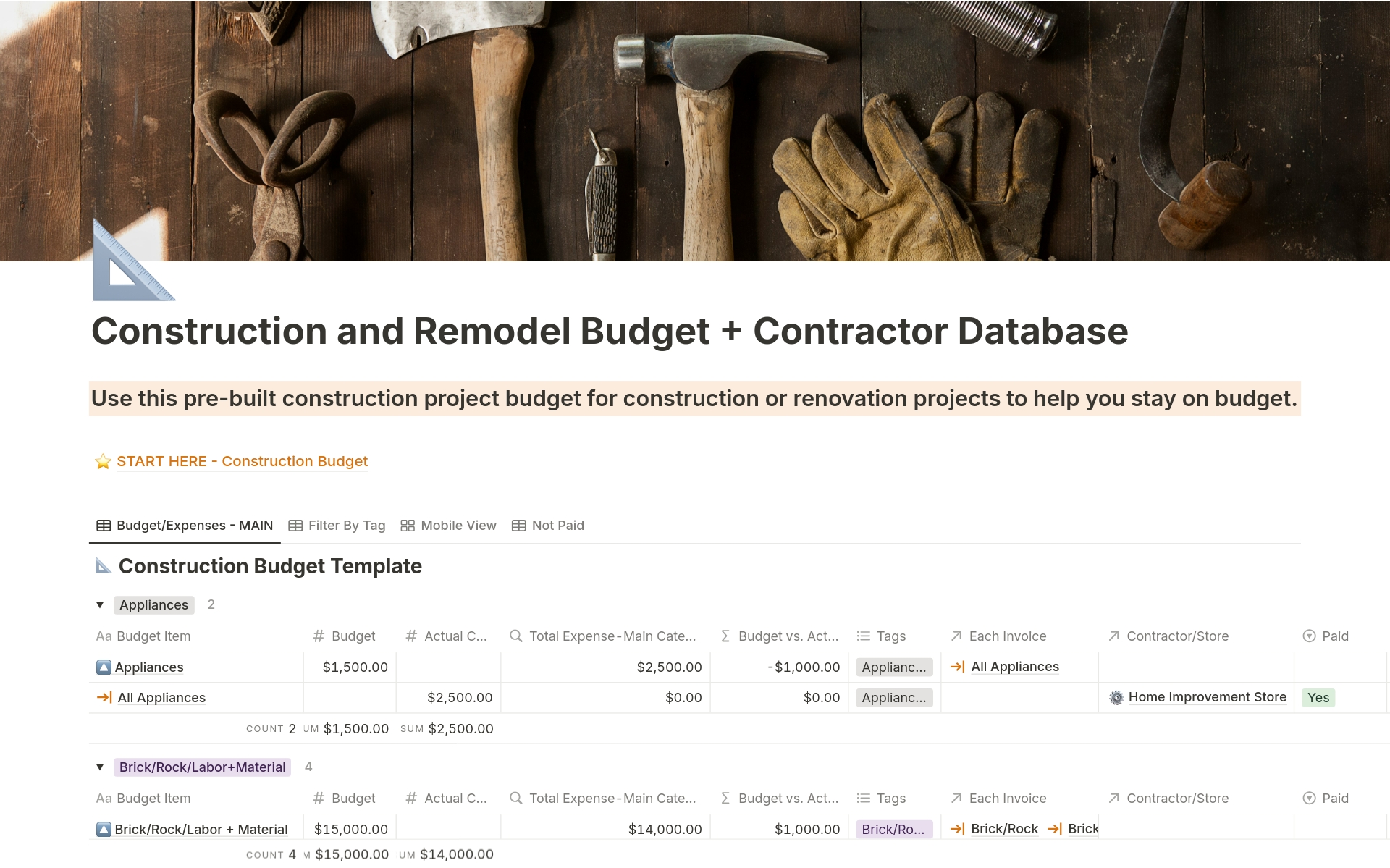 A template preview for Construction and Renovation Budget+Contractor Mgmt
