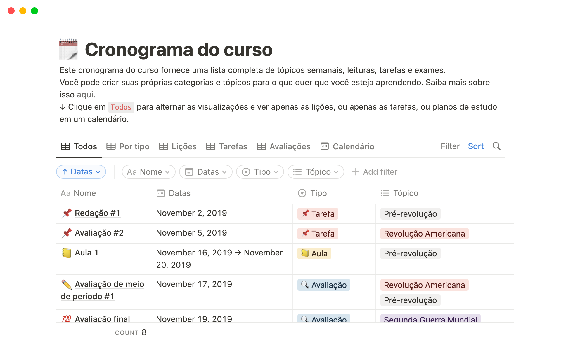 Este cronograma de curso oferece uma lista completa de tópicos semanais, leituras, tarefas e exames.