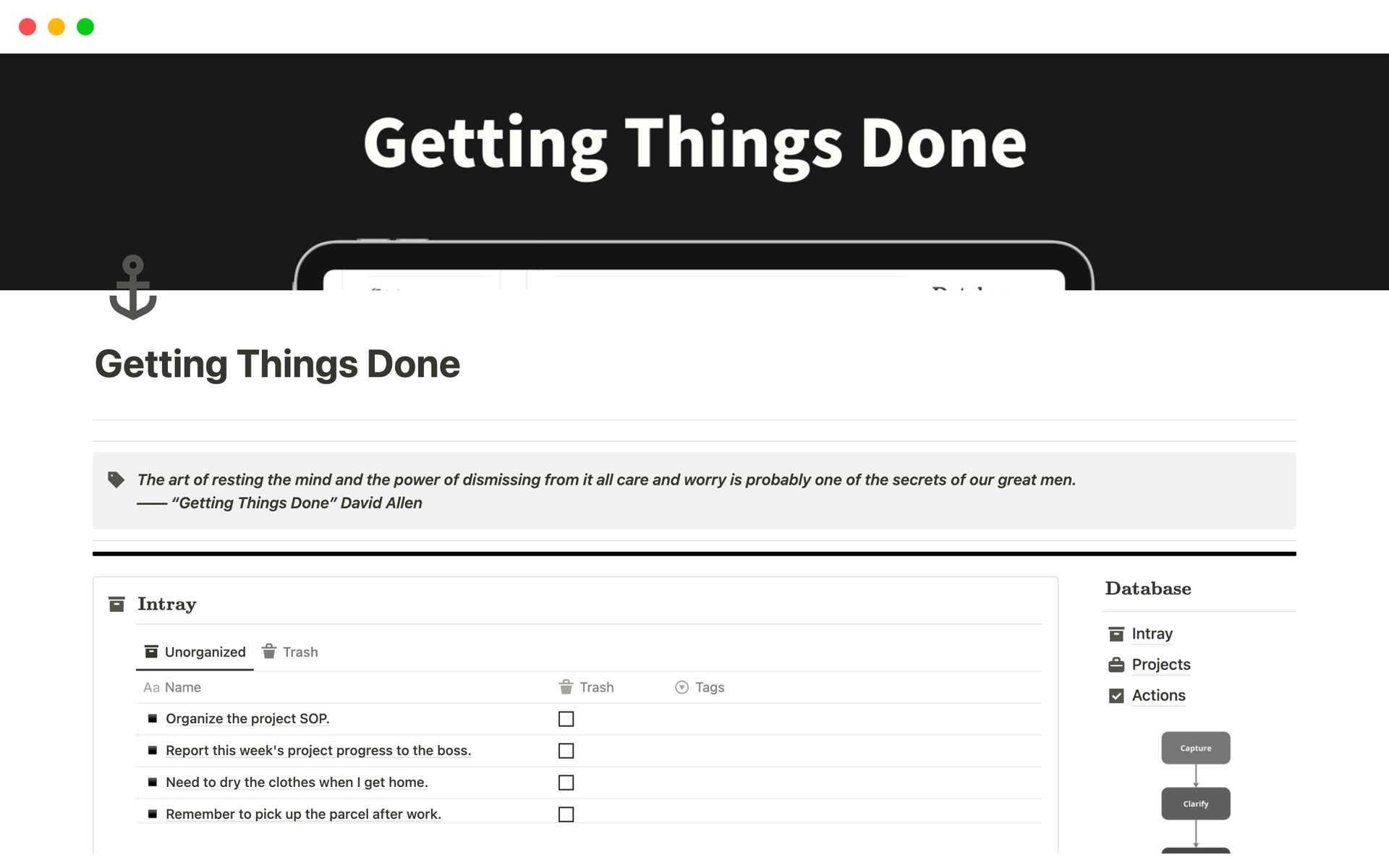 A template preview for Getting Things Done (GTD)