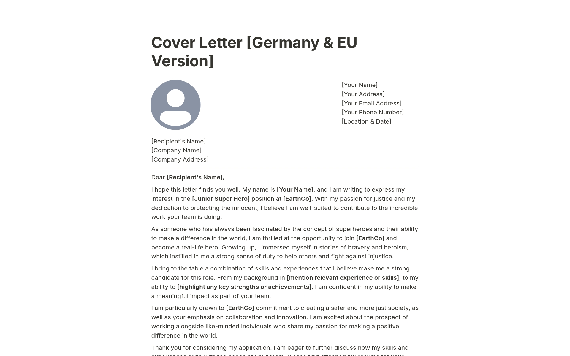 Vista previa de una plantilla para Cover Letter [EU, Germany, US & CA Formats]