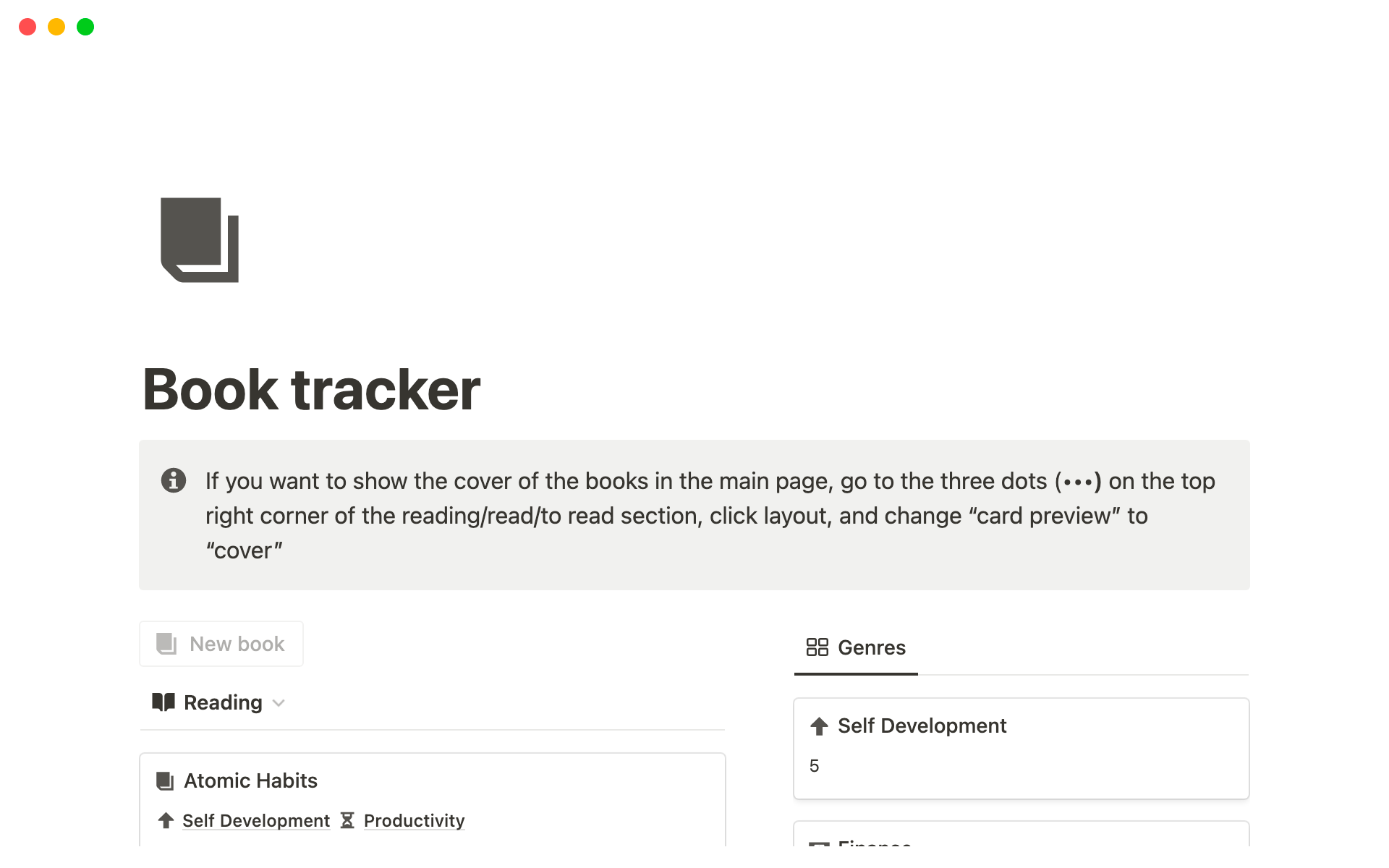 Vista previa de una plantilla para Book Tracker