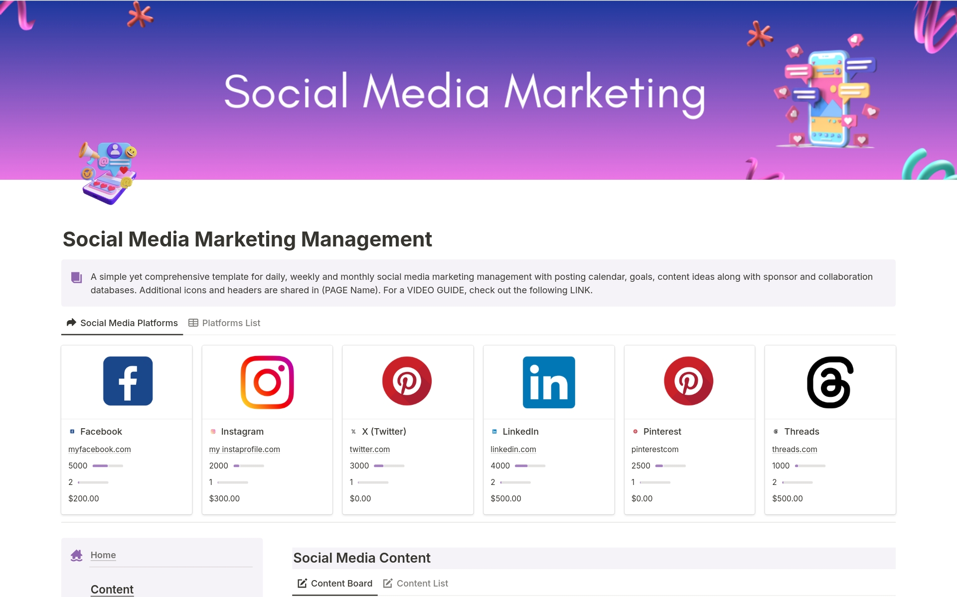 A template preview for Social Media Marketing Management