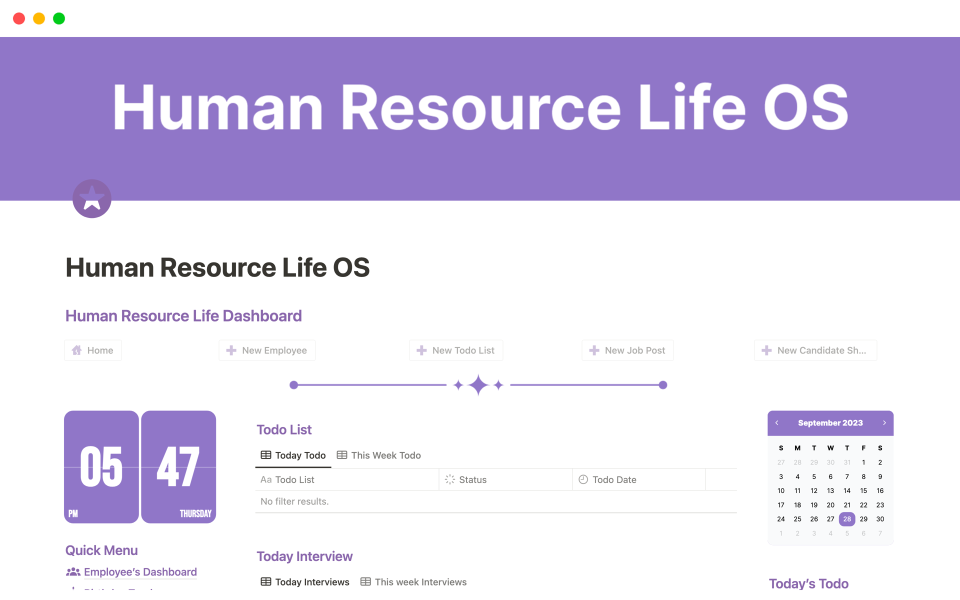 A template preview for Human Resource Life OS