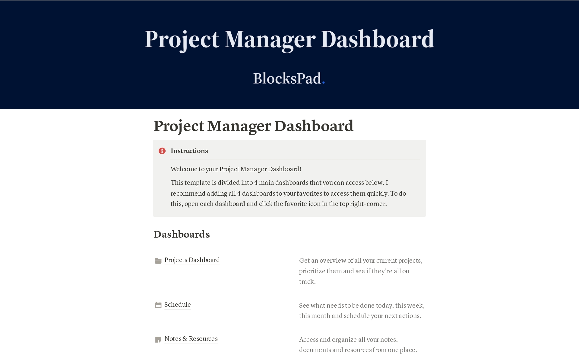 A template preview for Project Manager Dashboard