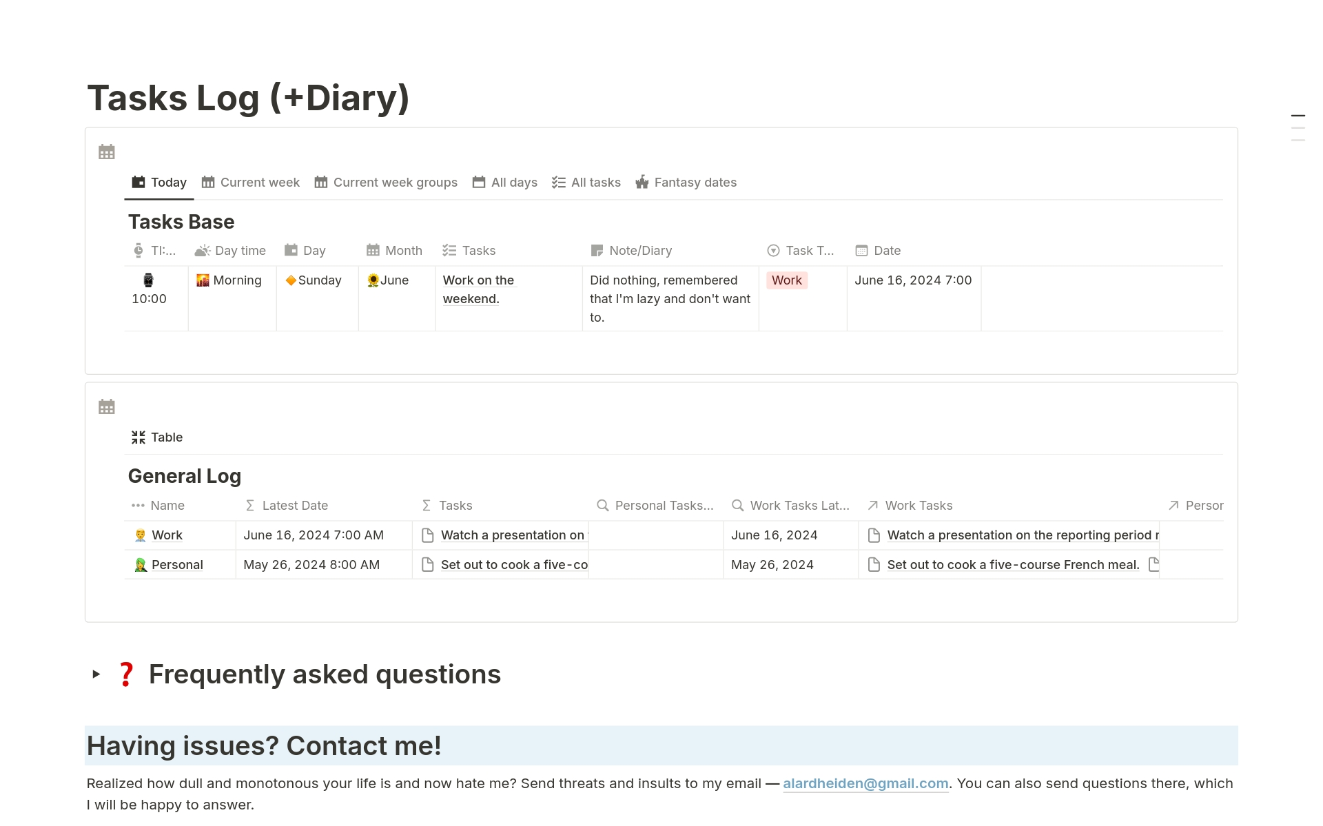 Task Log (+Diary) Template | Notion Marketplace