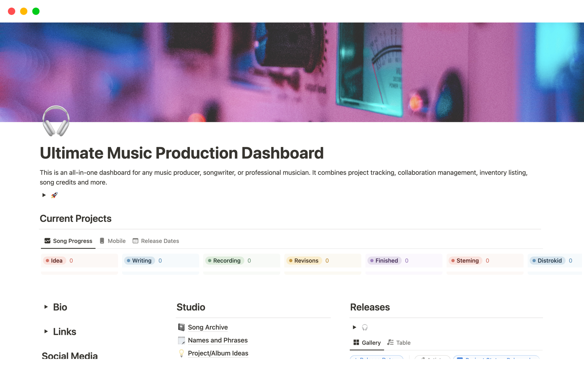 A template preview for Ultimate Music Production Dashboard
