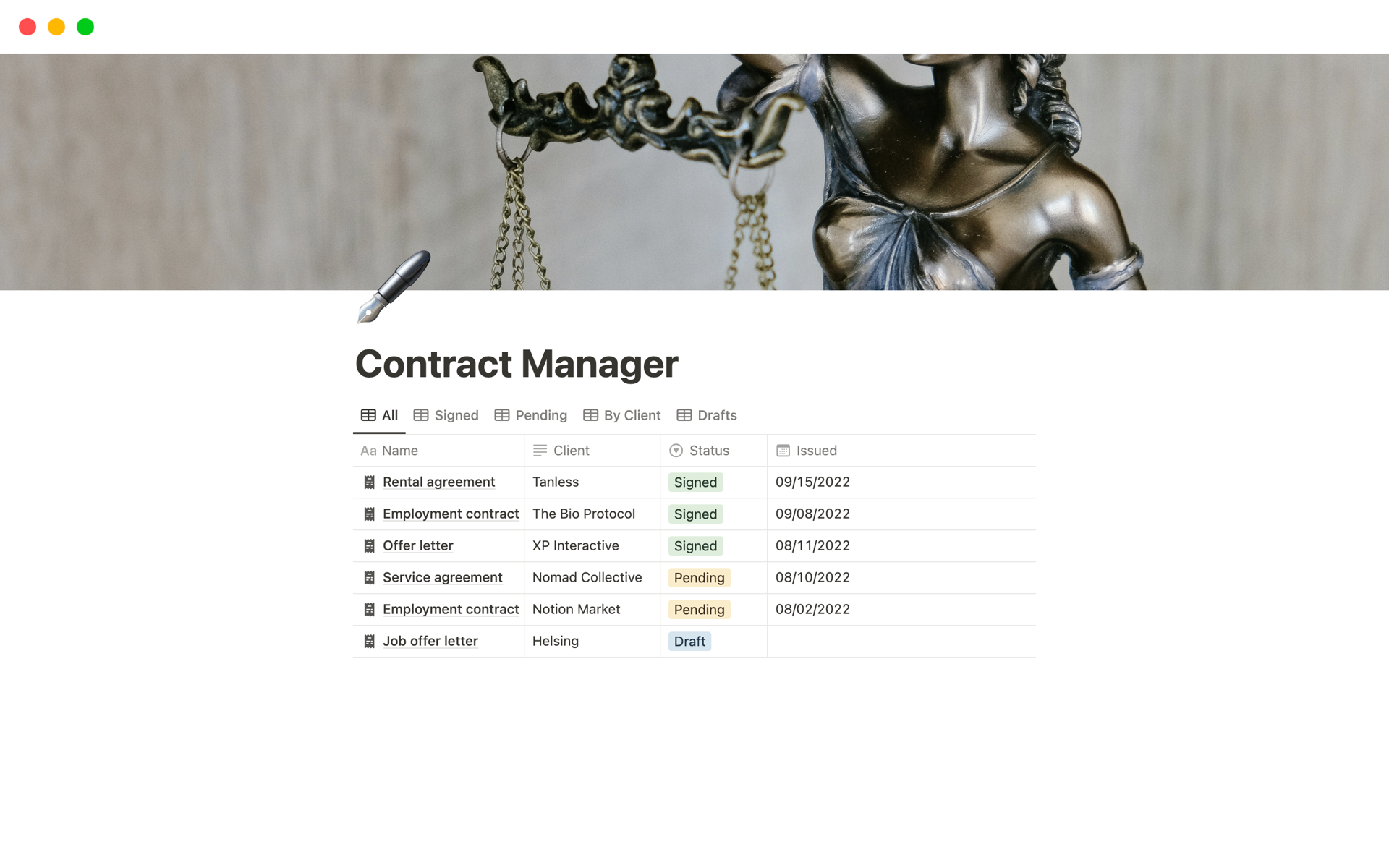 A template preview for Contract Manager