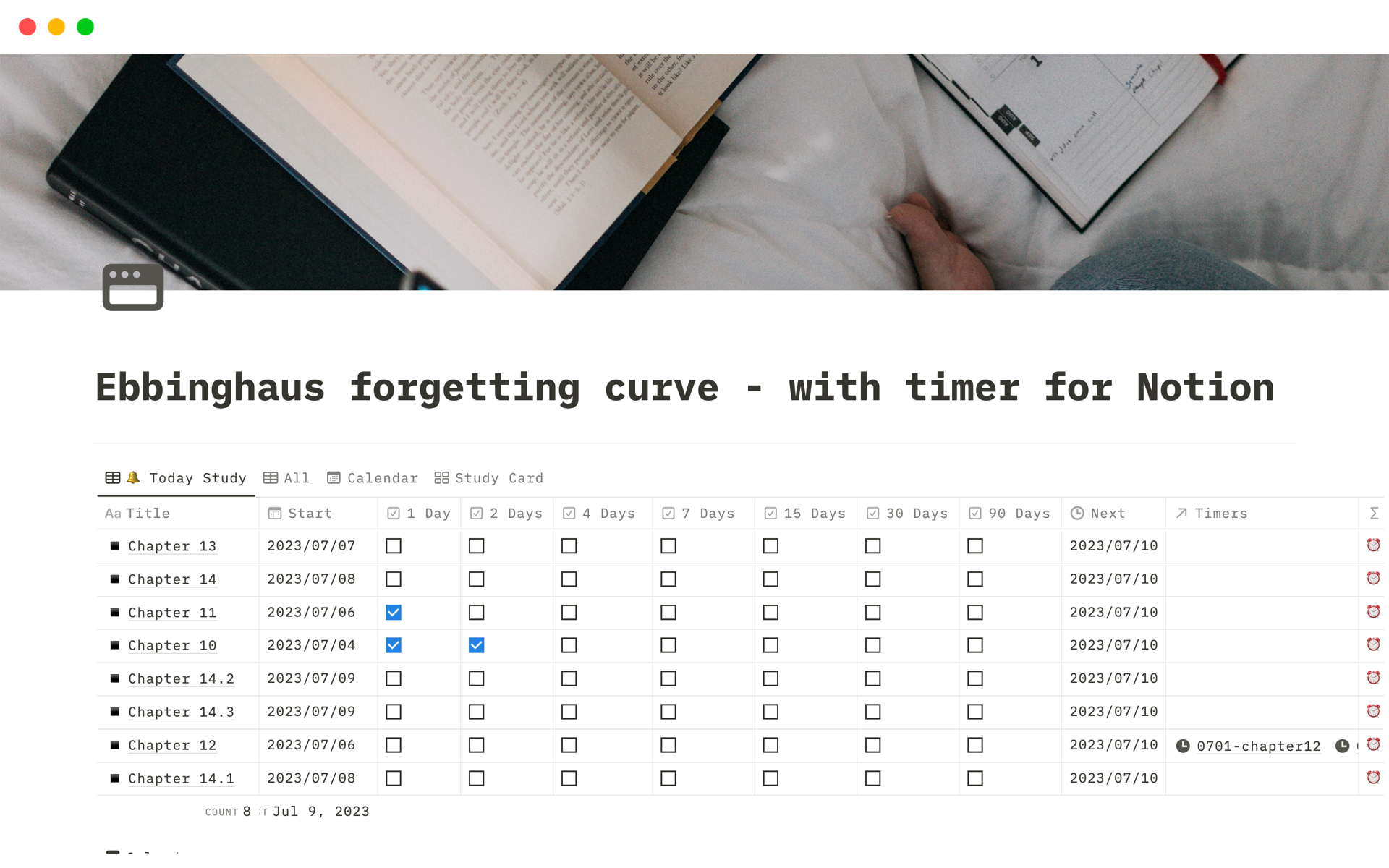 A template preview for Ebbinghaus forgetting curve - with timer