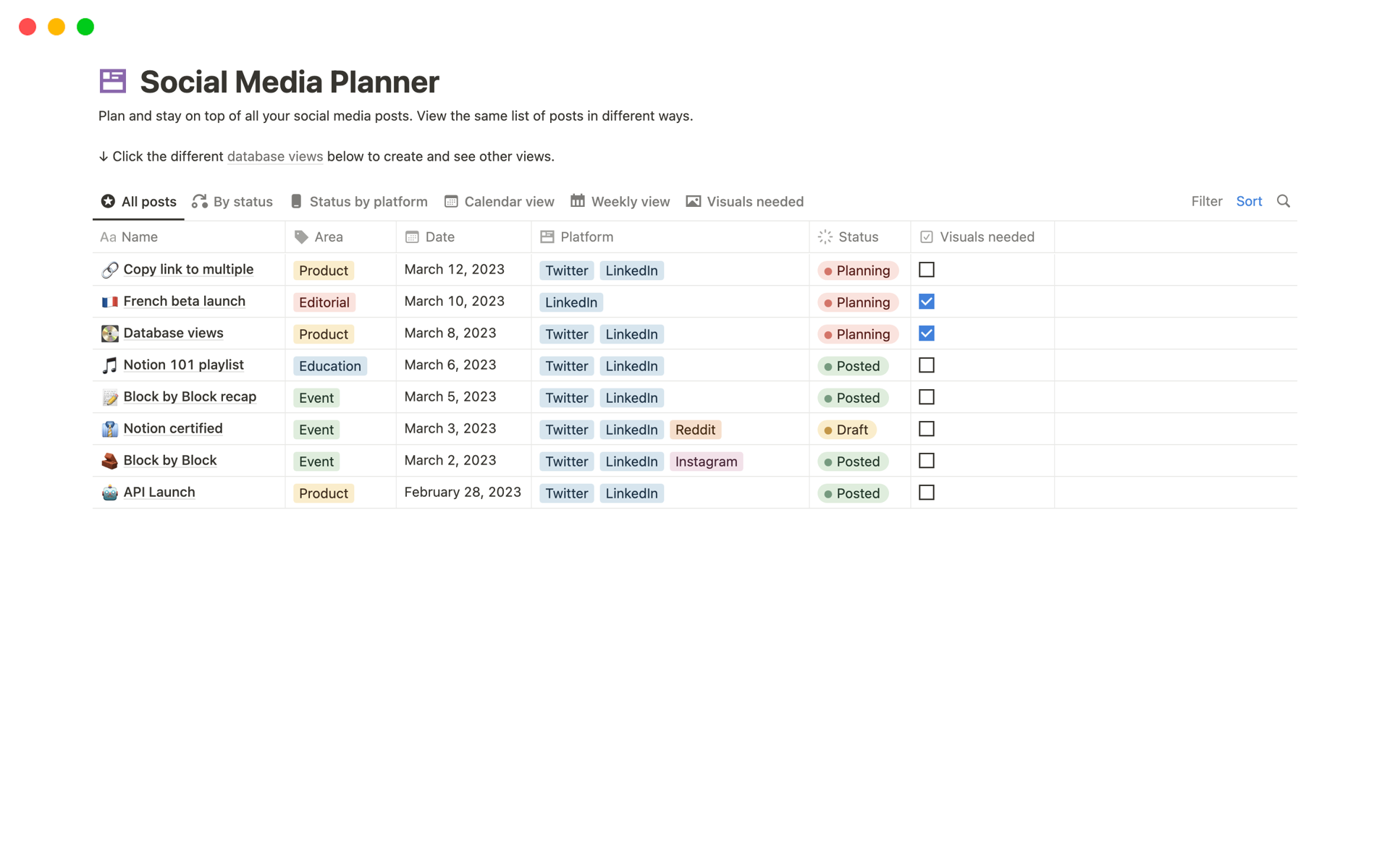 Vista previa de plantilla para Planificador de redes sociales