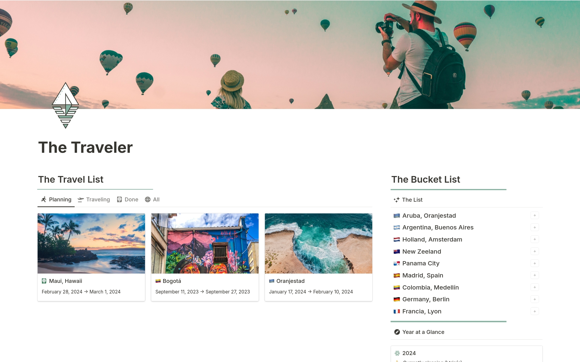 The Traveler is a Notion template designed to make planning your next adventure a breeze.
Tailored for individuals seeking seamless organization, effortless planning, and detailed documentation of their travel ventures within their Notion workspace.