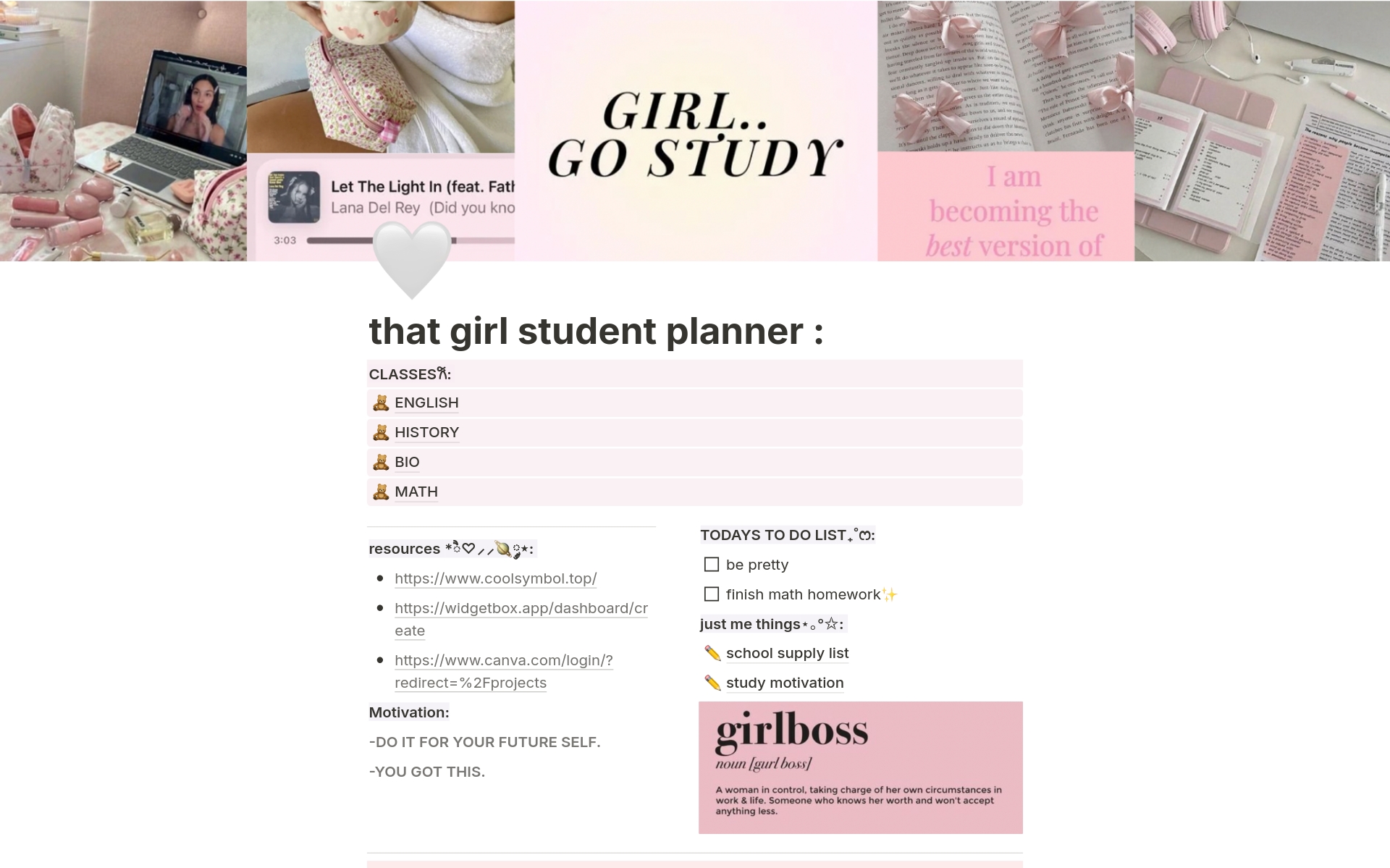 A template preview for that girl student planner