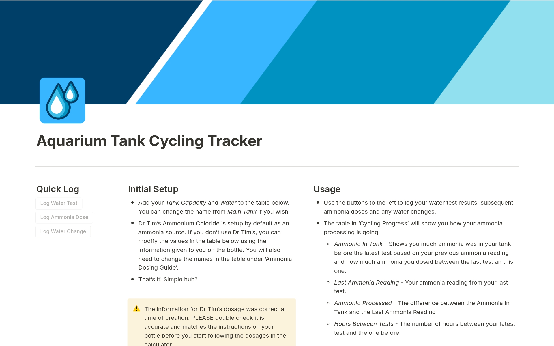 Vista previa de plantilla para Aquarium Tank Cycling Tracker