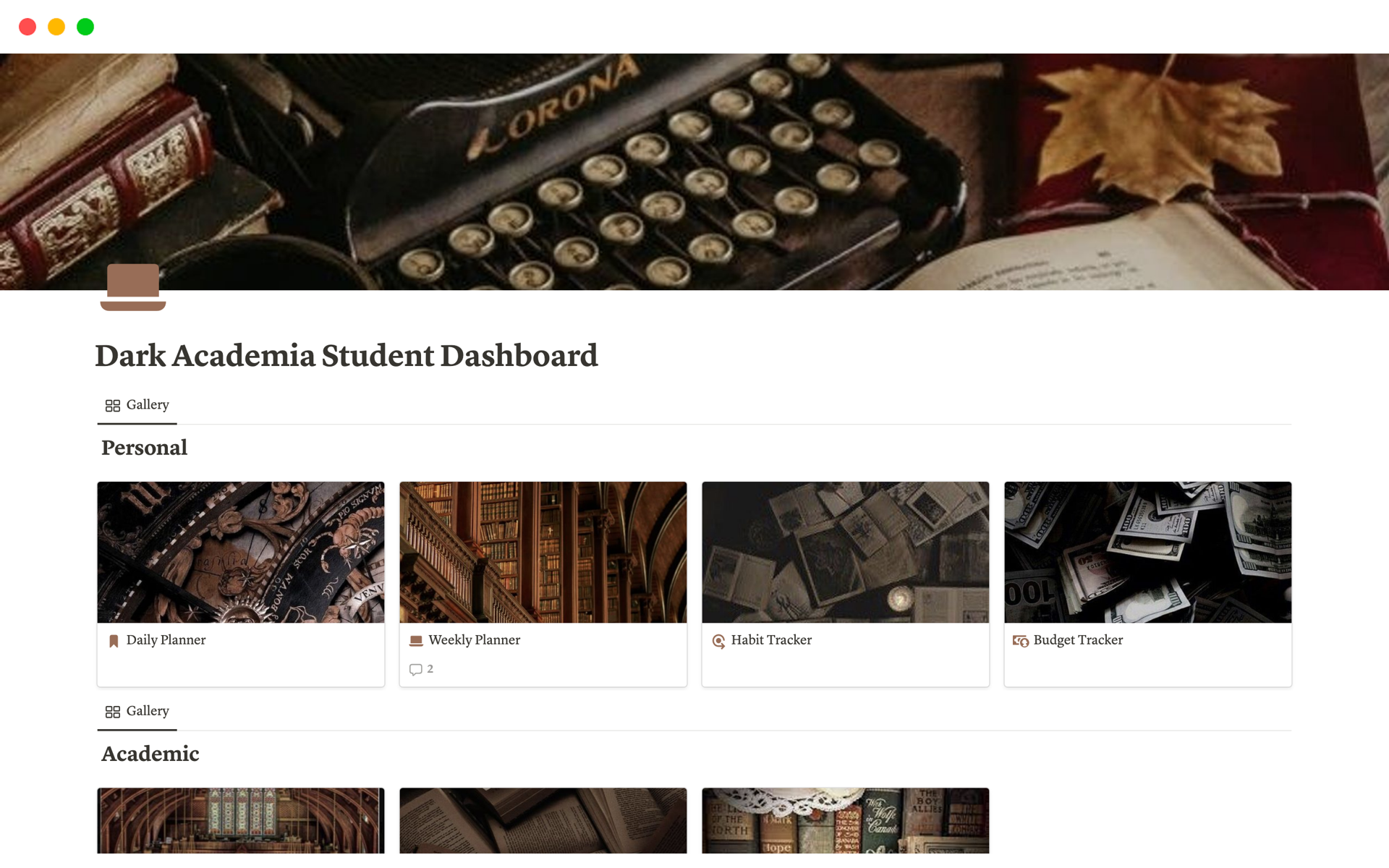 A template preview for Dark Academia Student Dashboard