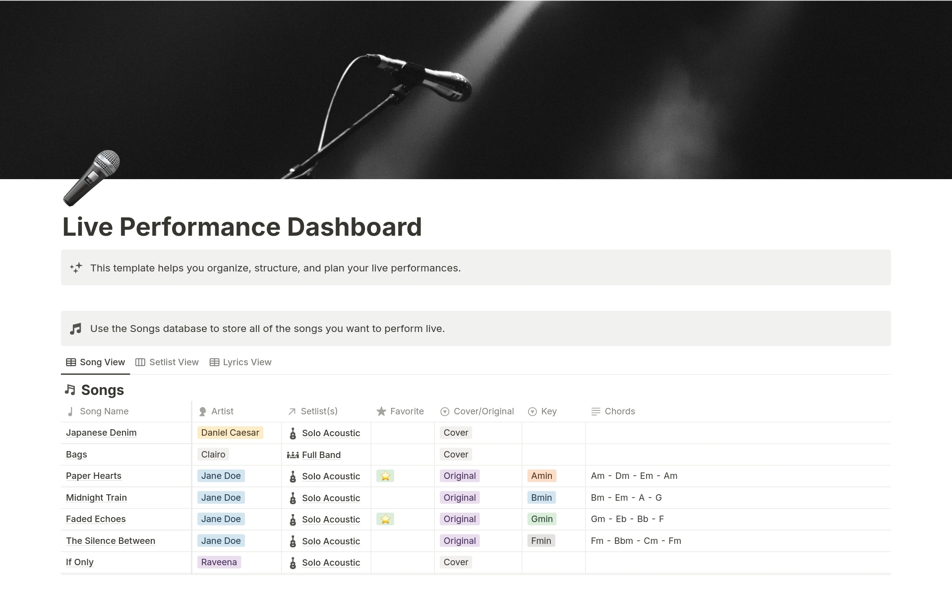 Elevate your performance organization with our comprehensive Notion dashboard. Track your songs, build dynamic setlists, log show details, stay on top of tasks, and visualize your schedule in one intuitive workspace.  Perfect for solo artists, bands, and event managers.