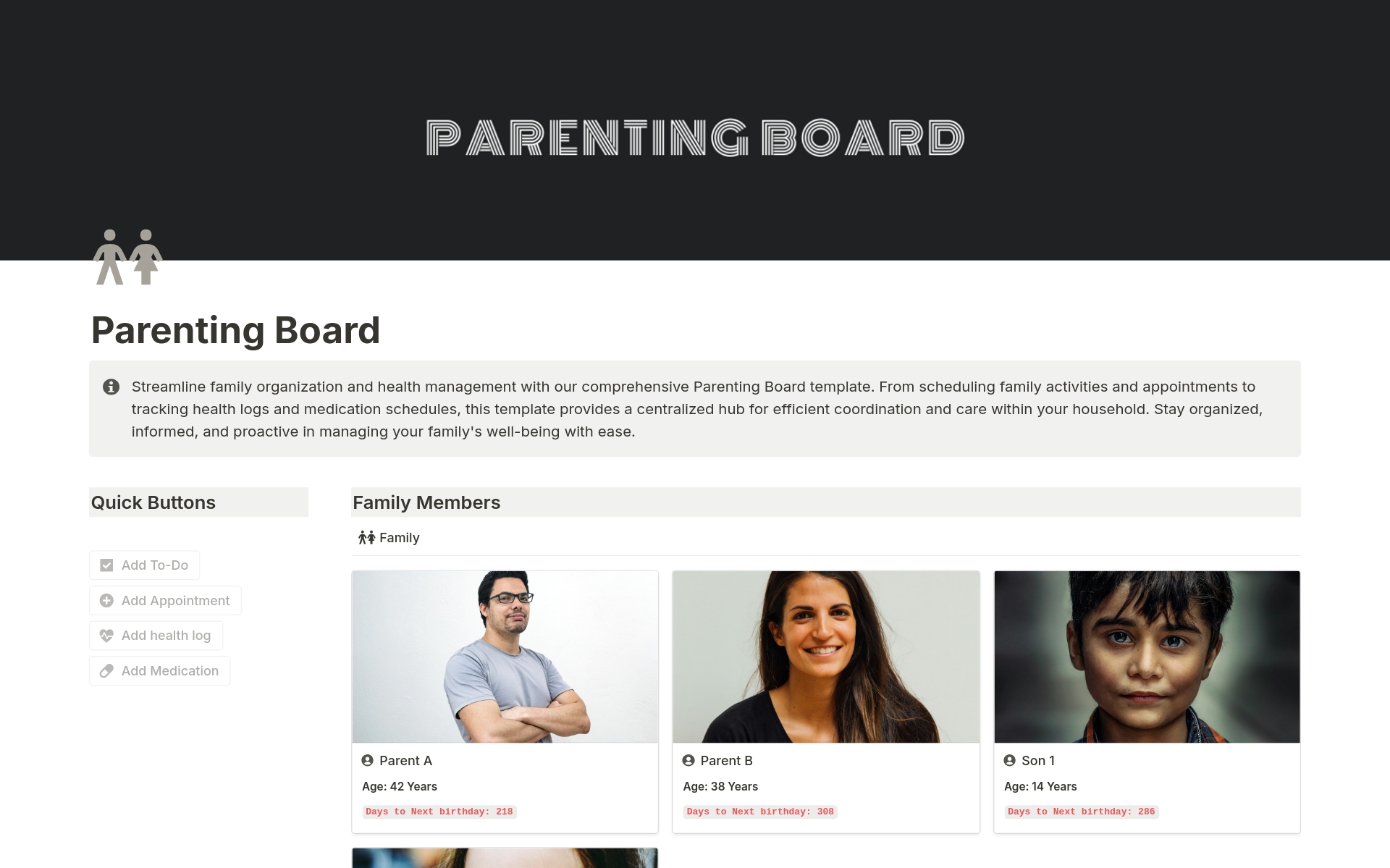 Streamline family organization and health management with our comprehensive Parenting Board template. From scheduling family activities and appointments to tracking health logs and medication schedules, this template provides a centralized hub for your household.