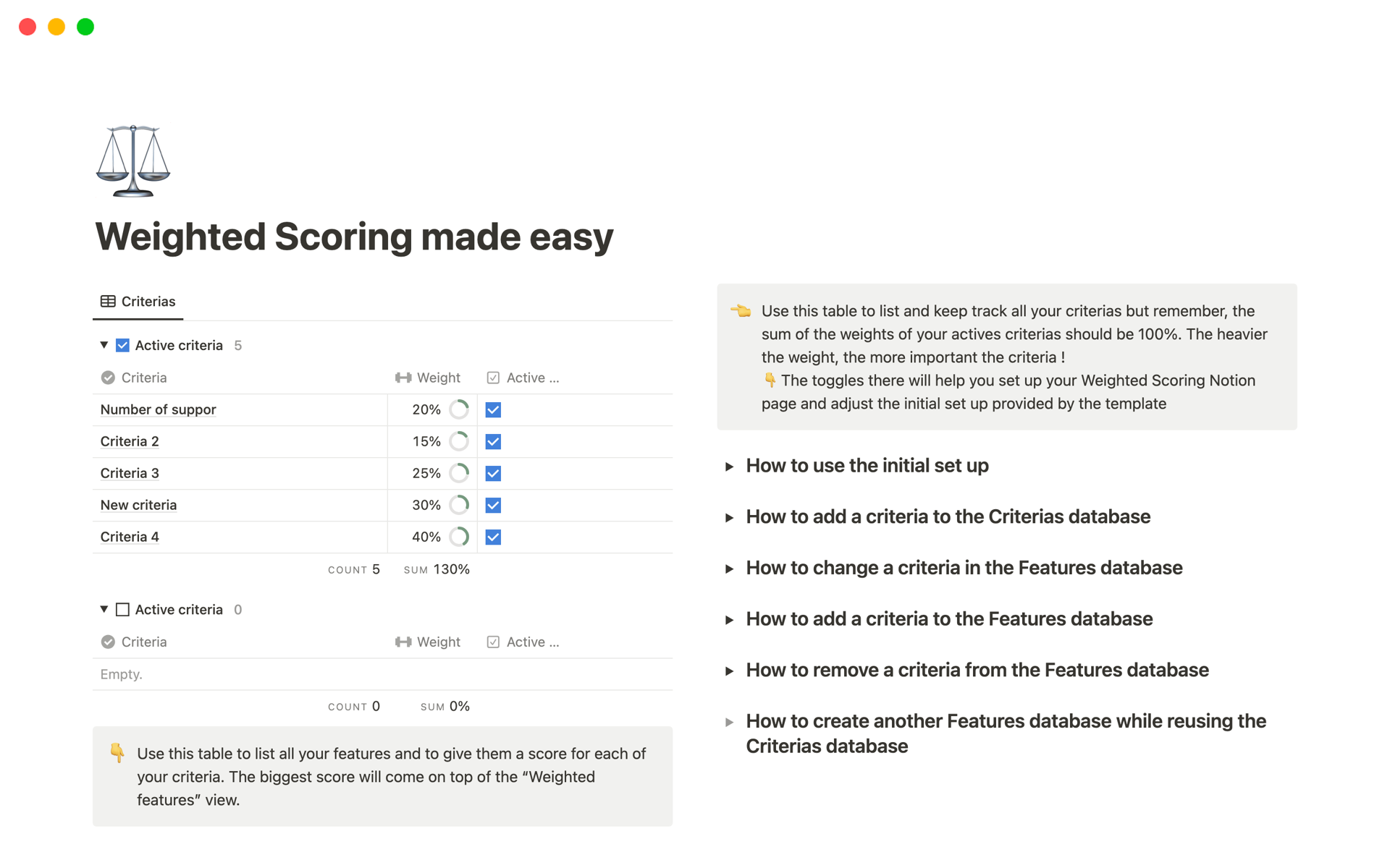 A template preview for Weighted Scoring made easy