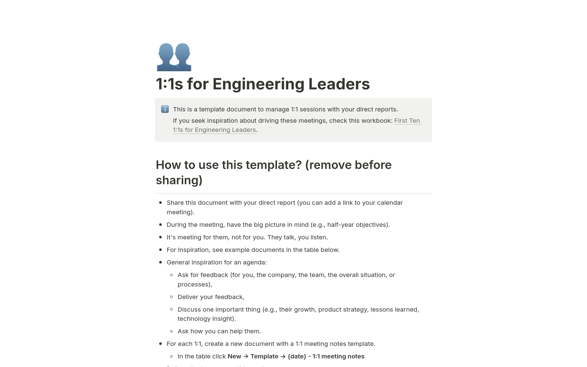 A template preview for 1:1s for Engineering Leaders