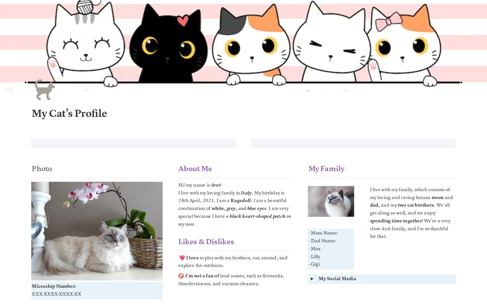 Looking for a convenient way to streamline your cat's routine? Meet the "My Cat's Profile" Notion template! This comprehensive template is designed to enhance your cat's health, happiness, and overall well-being. 