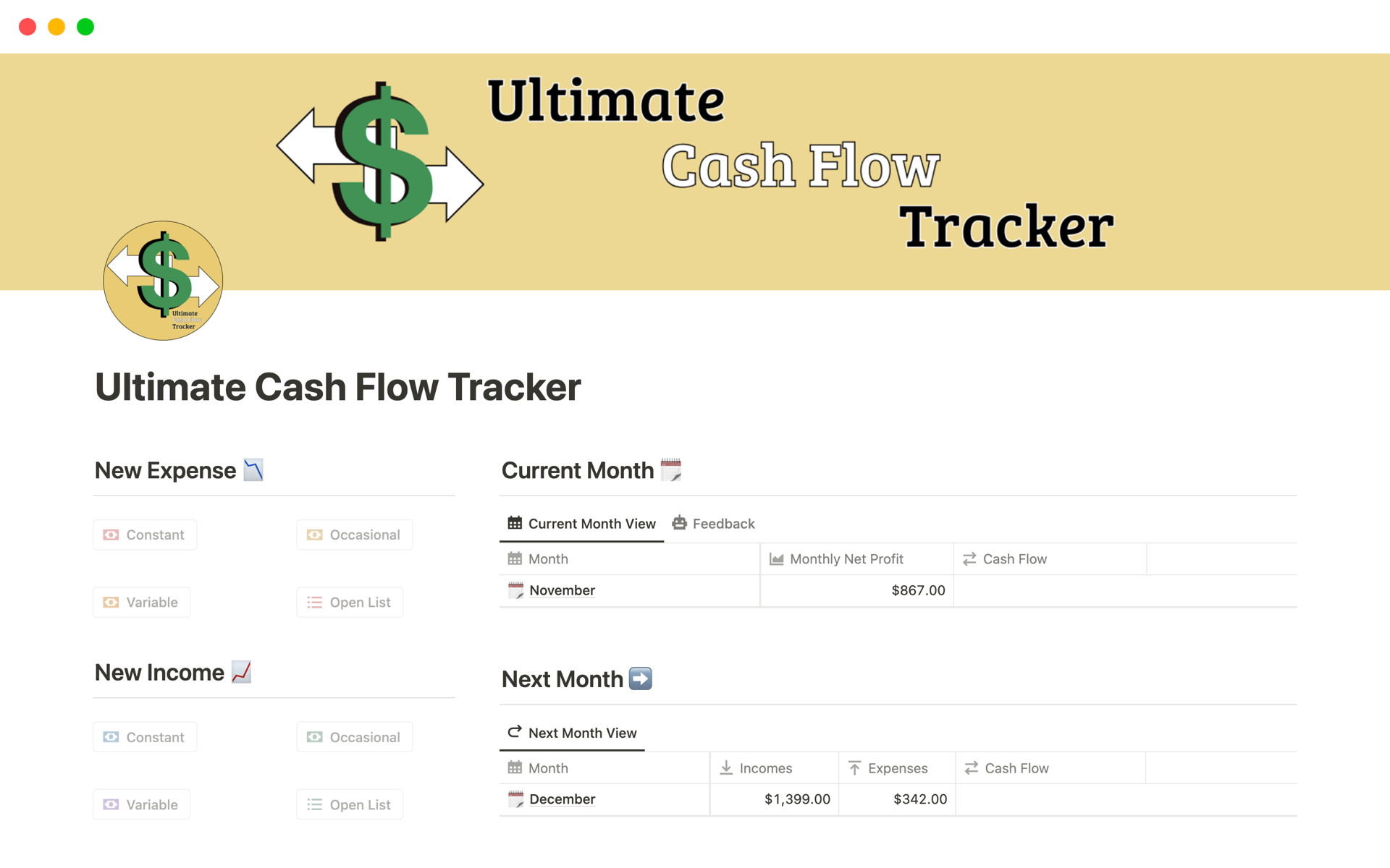 A template preview for Ultimate Cash Flow Tracker