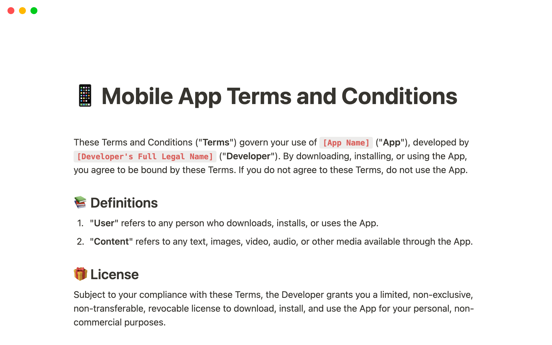 A detailed template for mobile app developers, specifying the rules and guidelines for using their app, including disclaimers, user conduct, and data privacy policies.