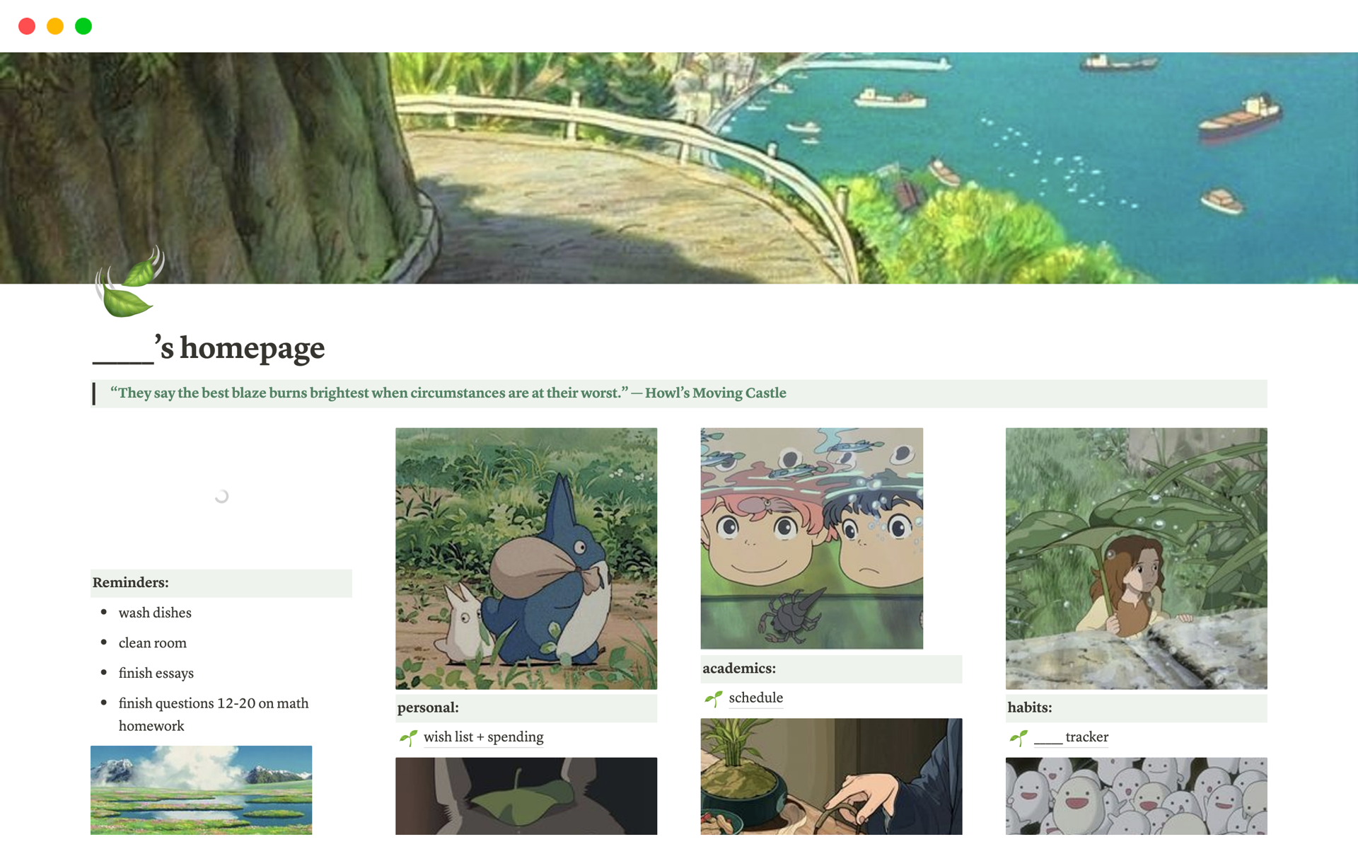 A template preview for studio ghibli homepage