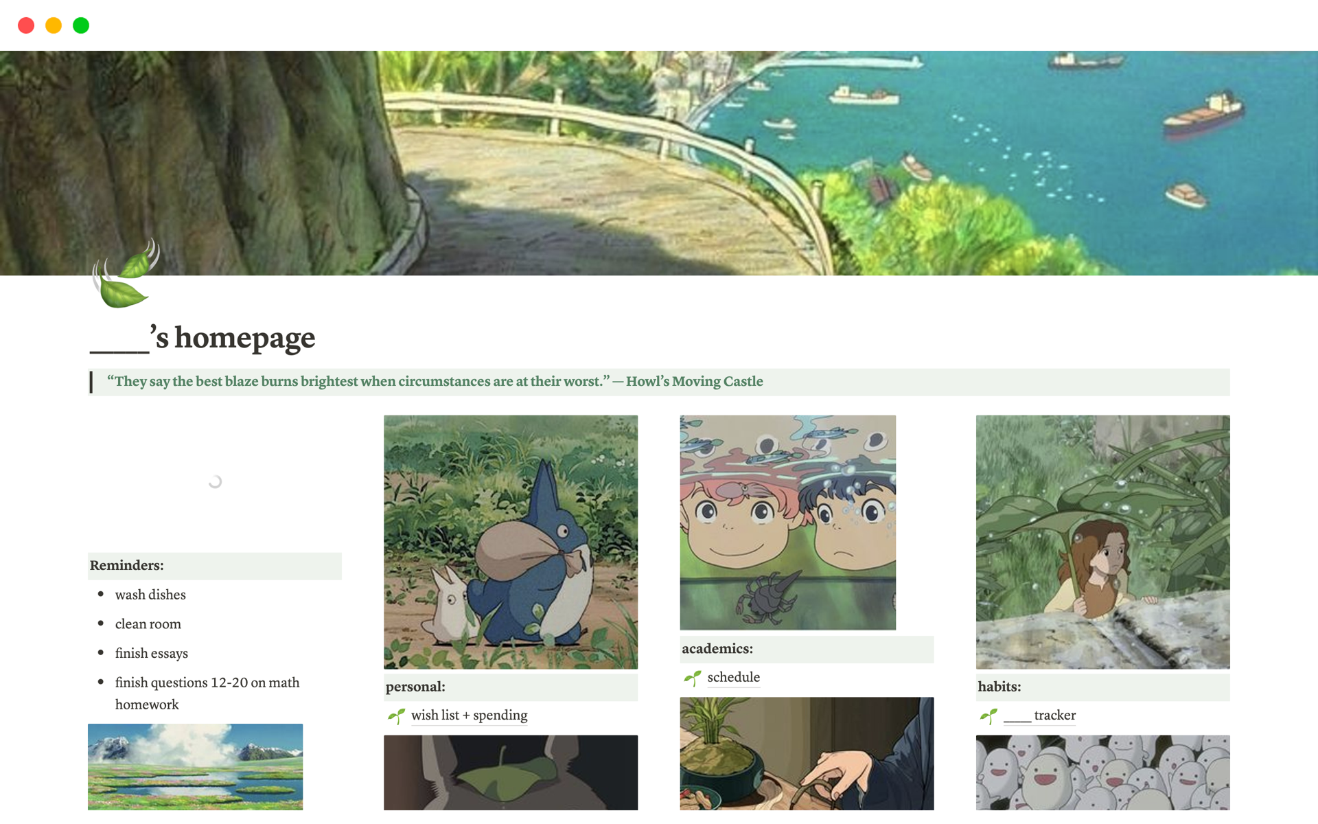 Vista previa de plantilla para studio ghibli homepage