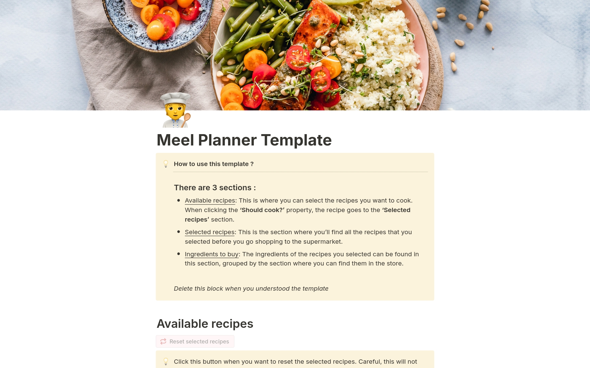 A template preview for Meel Planner