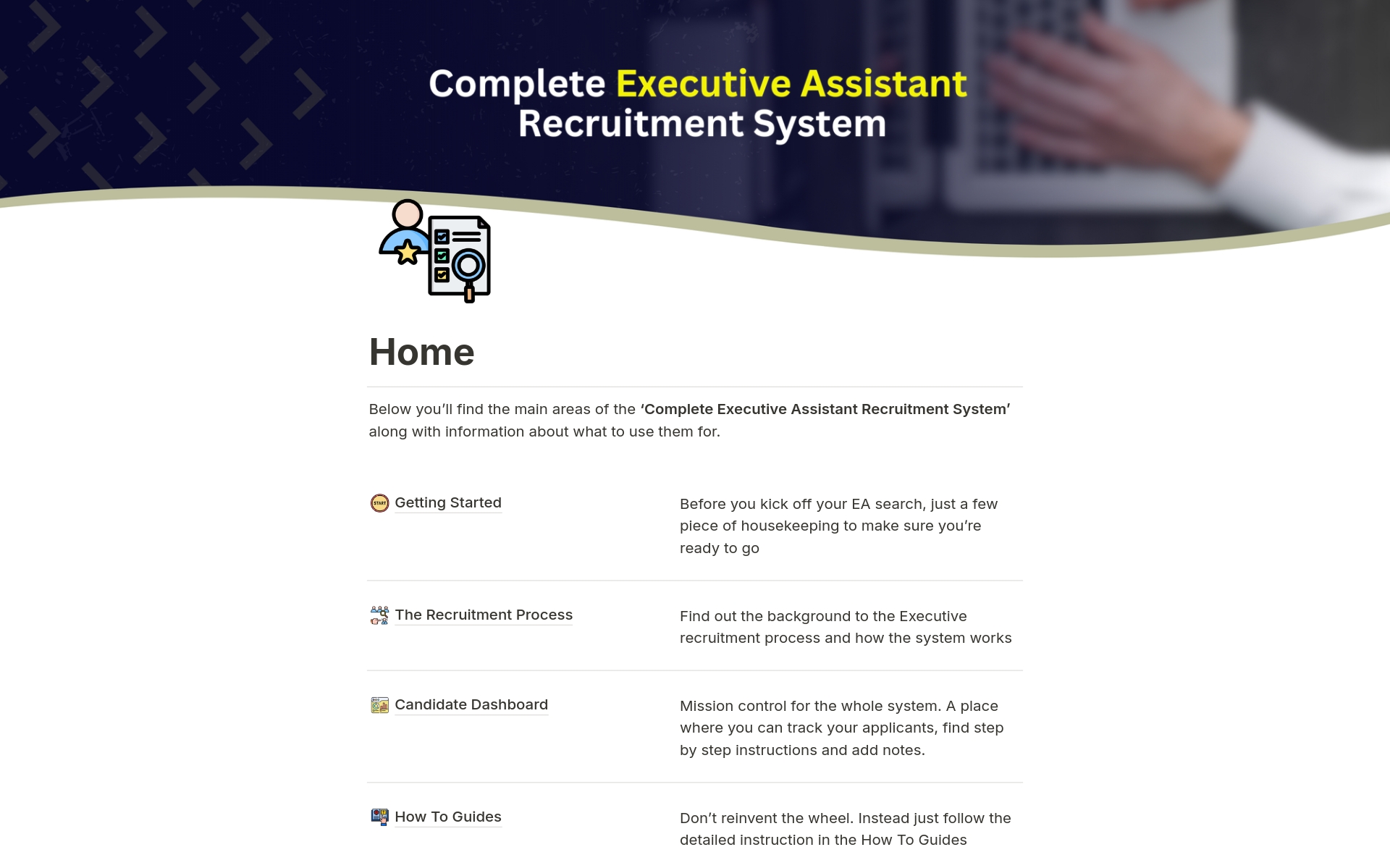 A template preview for Complete Executive Assistant Recruitment System