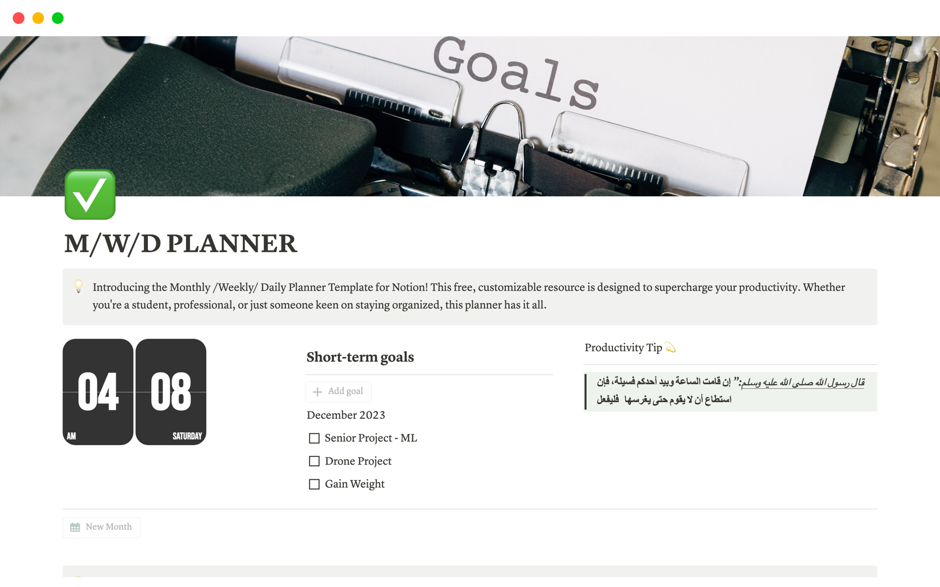 Monthly weekly daily planner notion template
