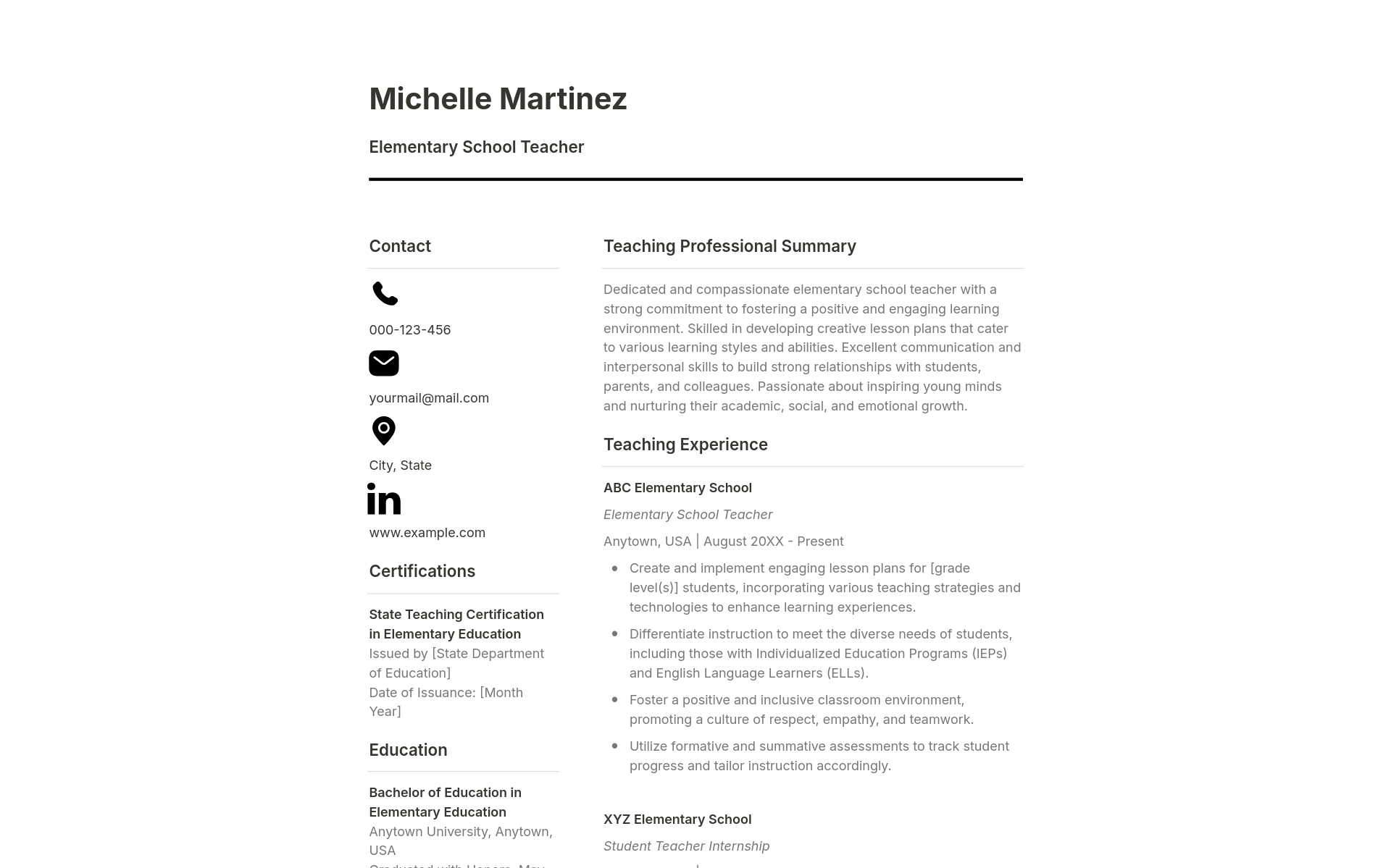 A template preview for B&W Educator Resume + Cover Letter + References