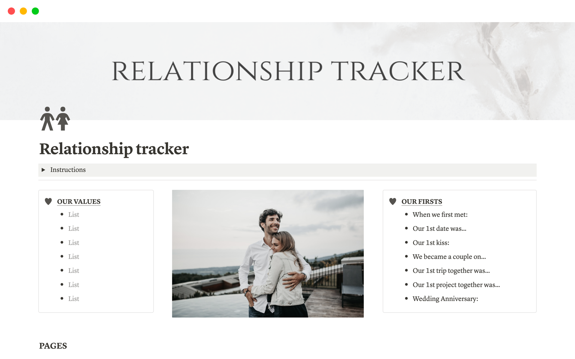 A template preview for Relationship tracker