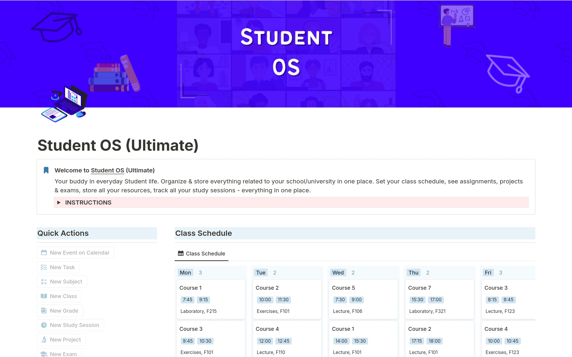 Vista previa de una plantilla para Student OS