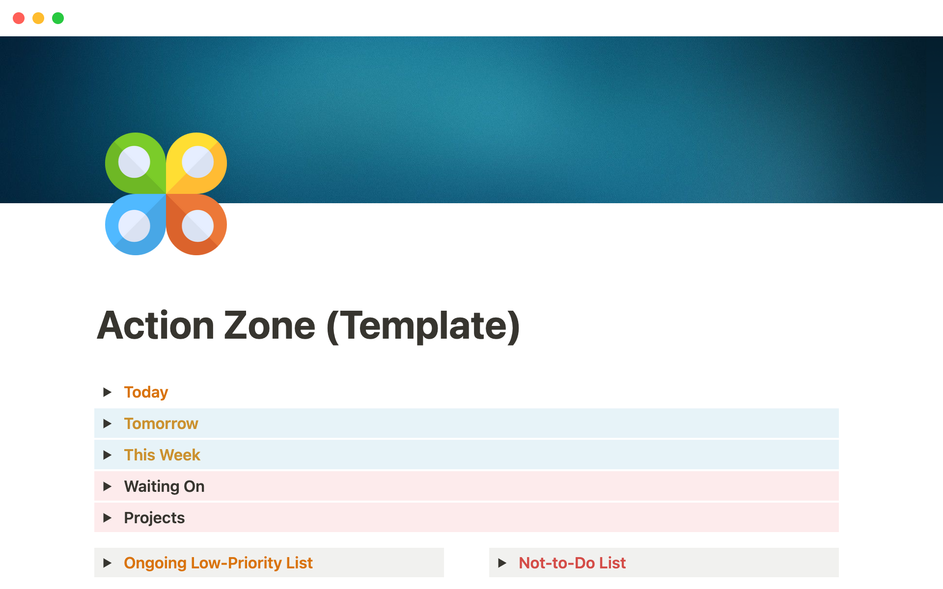 Vista previa de una plantilla para Action Zone Task/Project Manager
