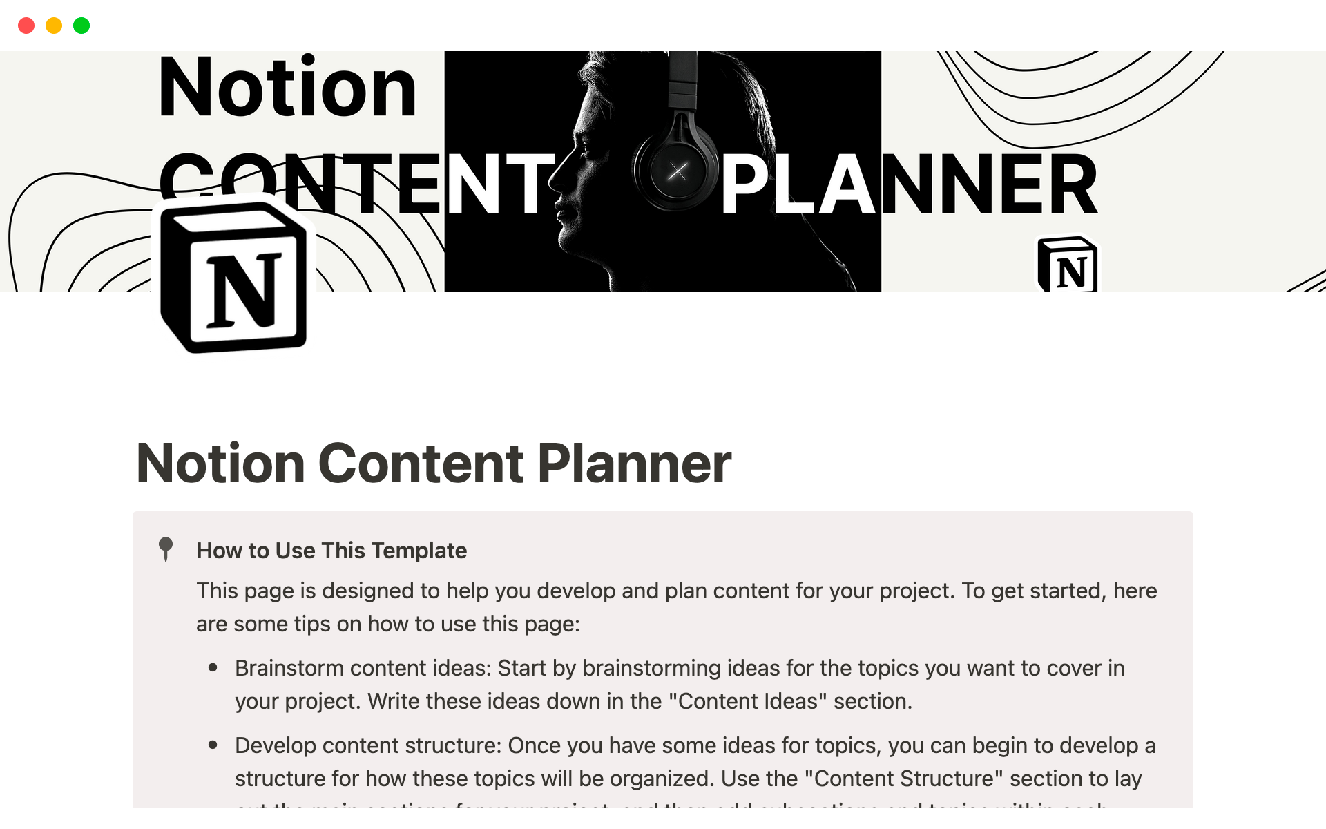 Eine Vorlagenvorschau für Content Planner