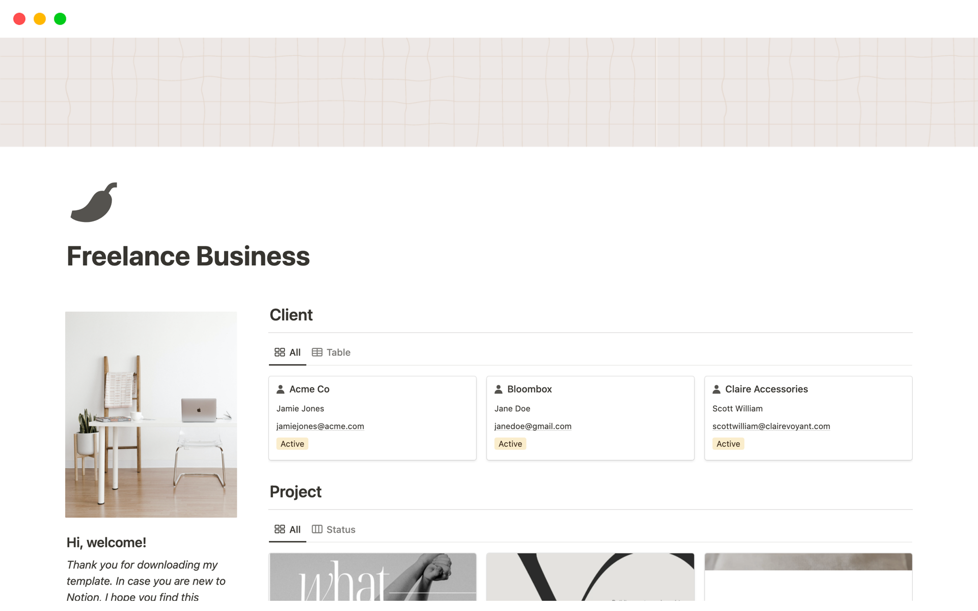 This Notion template helps freelancers manage their service based business.