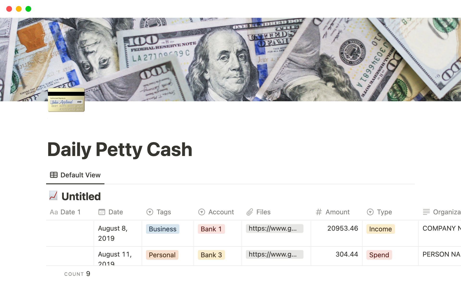 En förhandsgranskning av mallen för Daily Petty Cash Notion Template